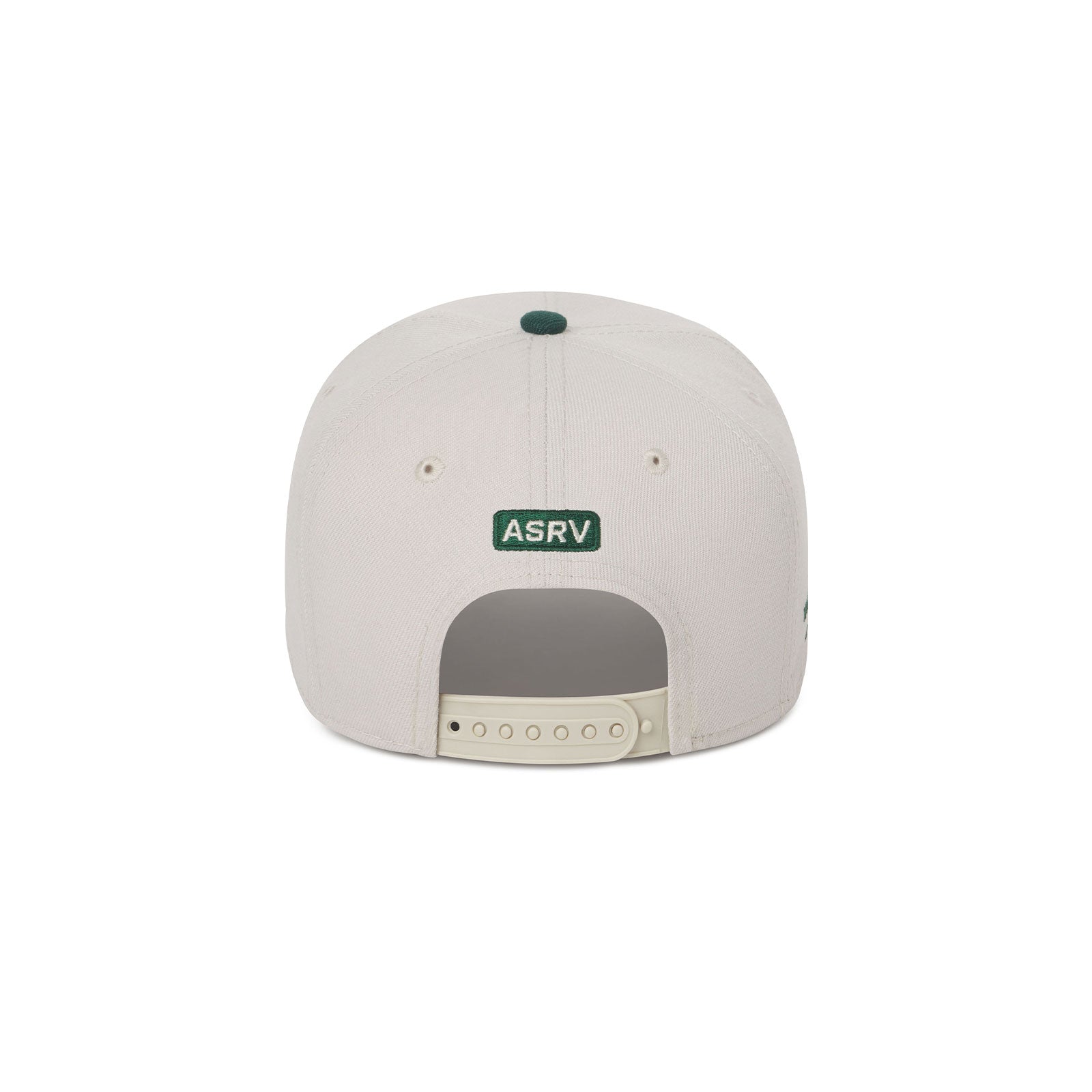 flatlay New Era 9Forty A-Frame Hat in stone and forest green, back view