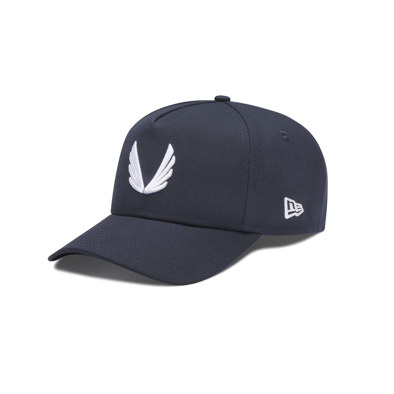 flatlay New Era 9Forty A-Frame Hat in navy with white wing logo, angled front view