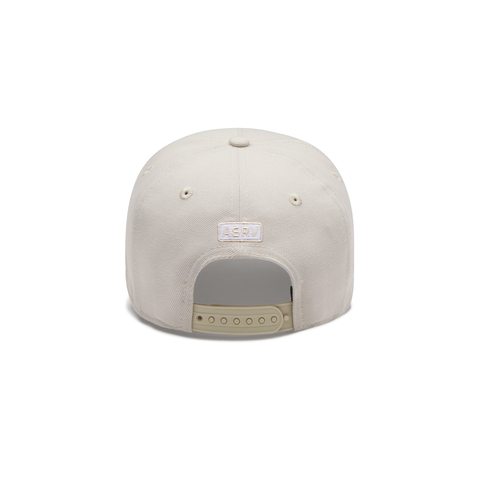 flatlay New Era 9Forty A-Frame Hat in stone and white, back view