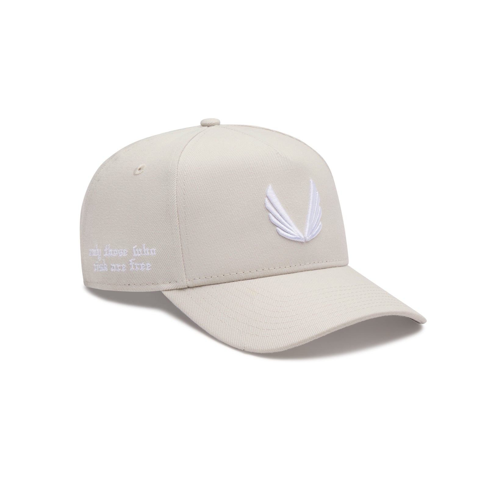 flatlay New Era 9Forty A-Frame hat in stone with white feather embroidery, front view