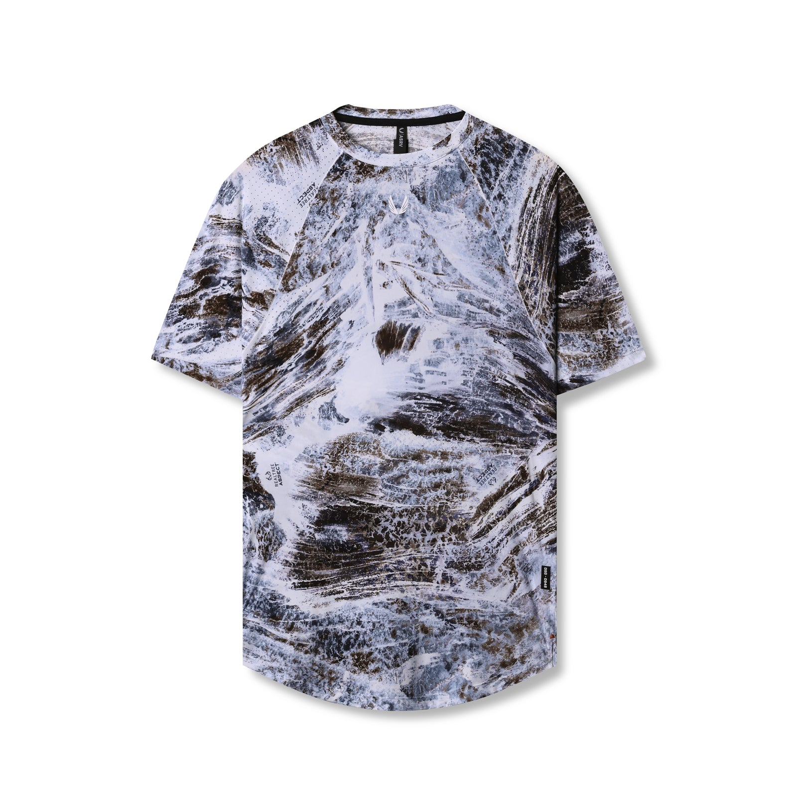 flatlay Laser-Vent Established Tee in white and brown Realtree Aspect camo print, front view