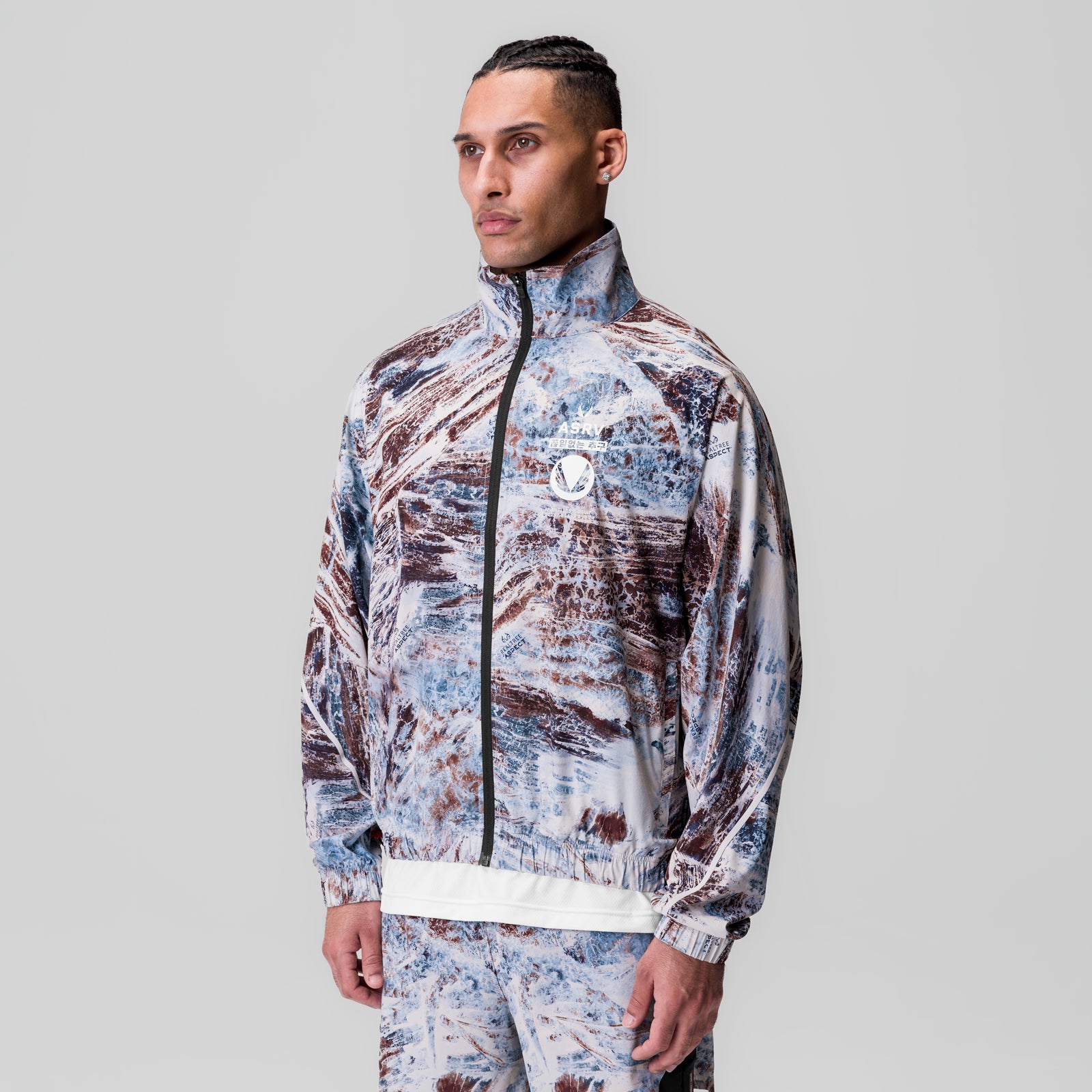Aerotex™ Track Jacket in blue and brown Realtree® Aspect camo, worn by model, side view