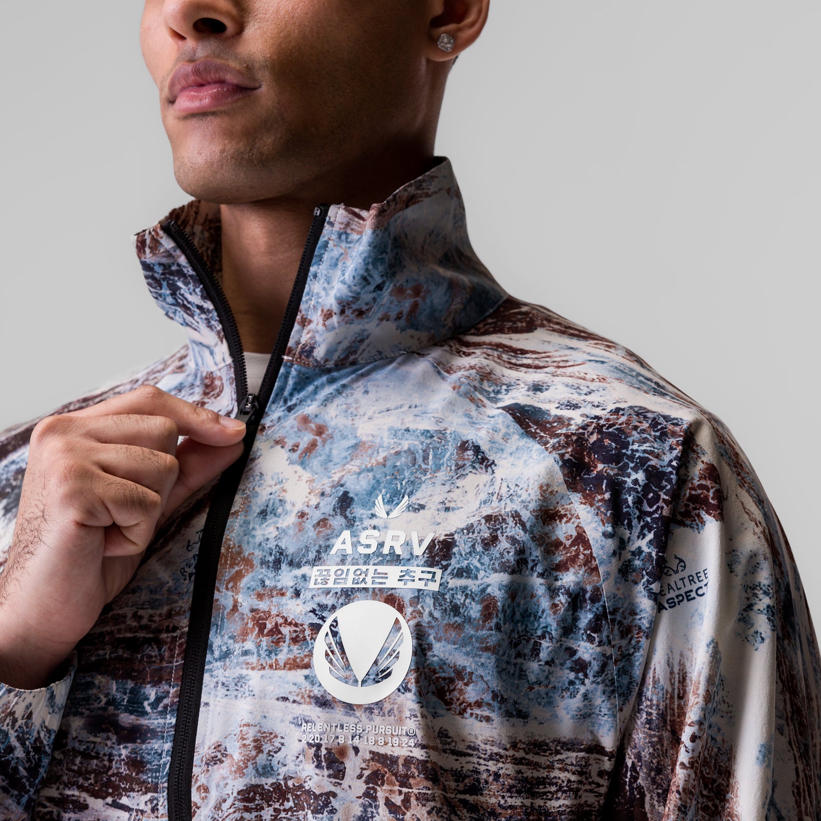 Aerotex™ Track Jacket in blue and brown Realtree® Aspect camo, modeled from shoulder up