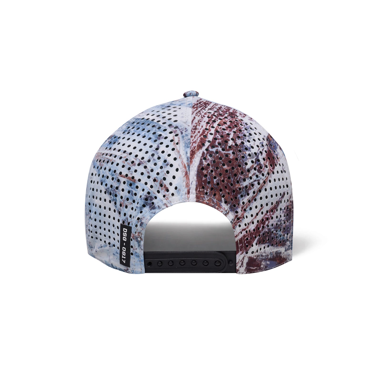 flatlay Tetra-Lite Ice A-Frame Hat in blue and burgundy camo, back view