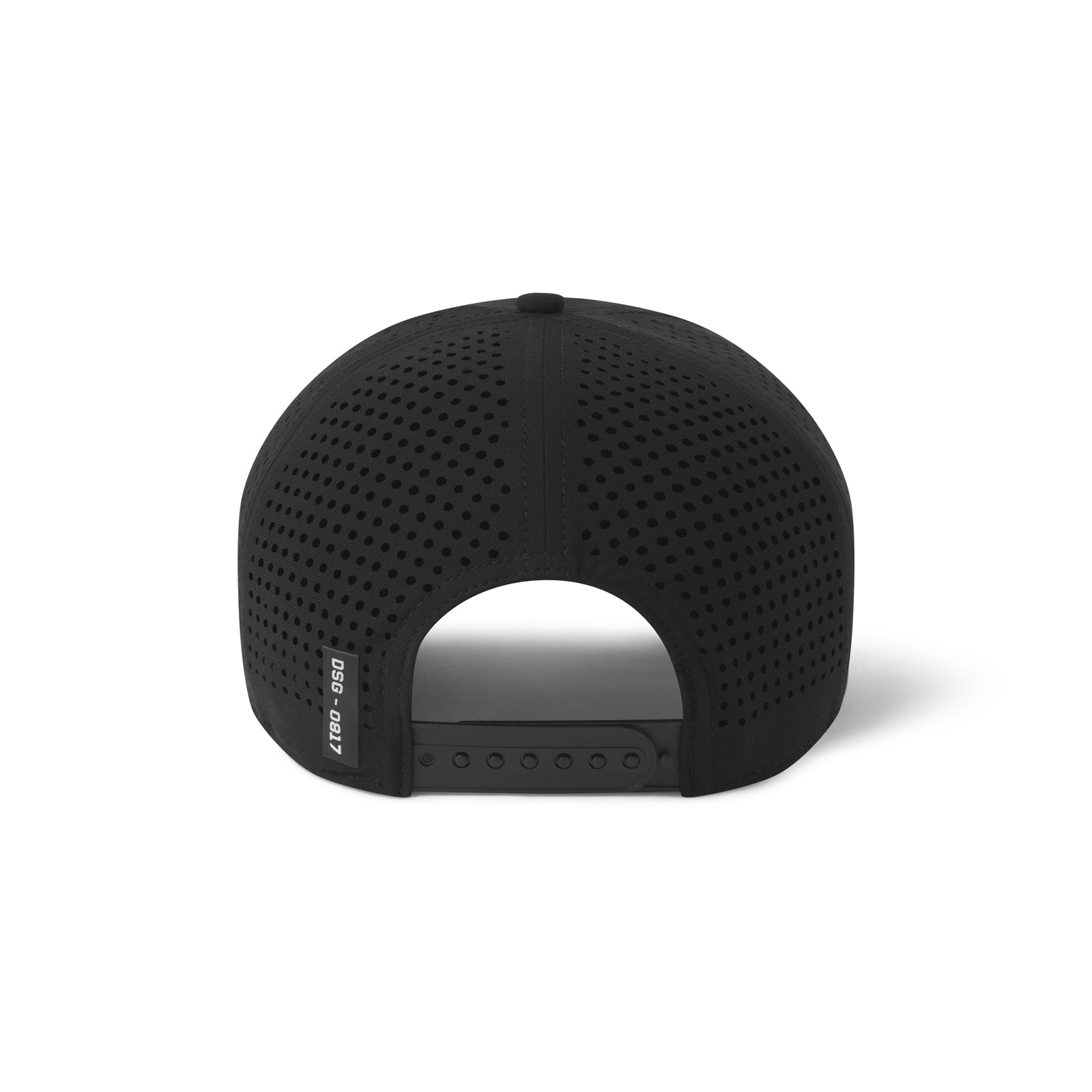 flatlay Tetra-Lite A-Frame Hat in black with perforated design, back view