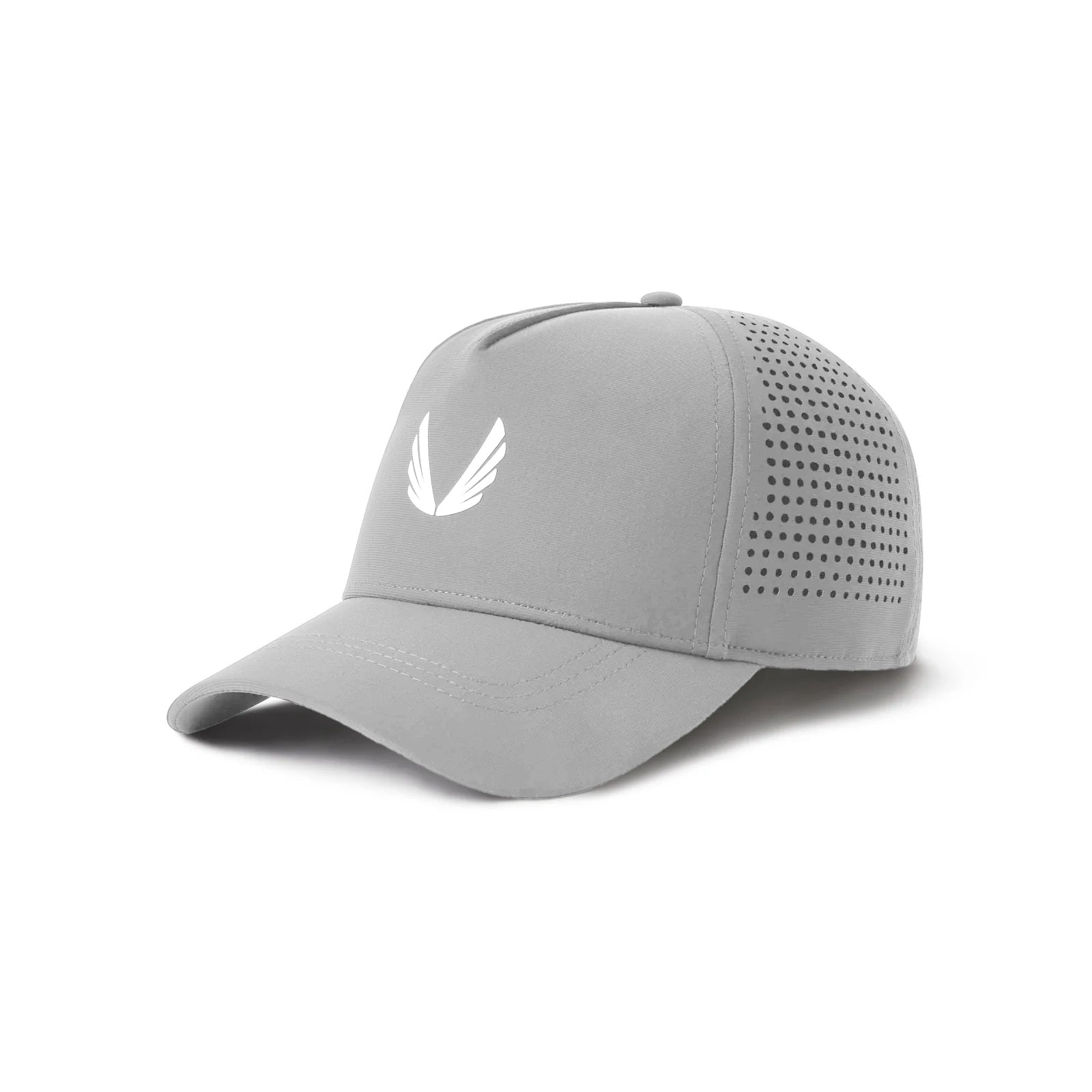 Flatlay of Tetra-Lite A-Frame Hat in slate grey with white wings logo, front three-quarter view