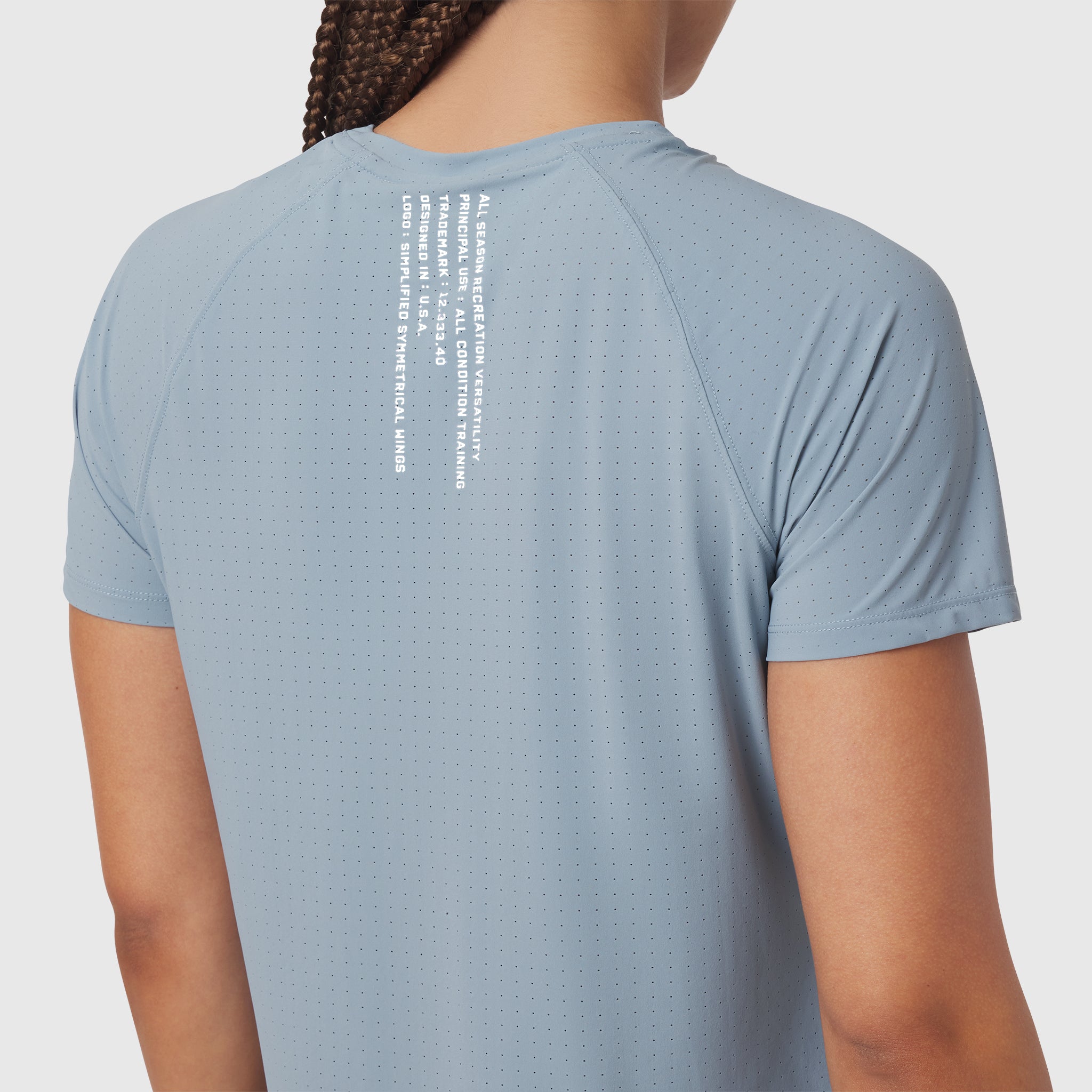 W017 Laser-Vent Established Tee in light sky, back view on model