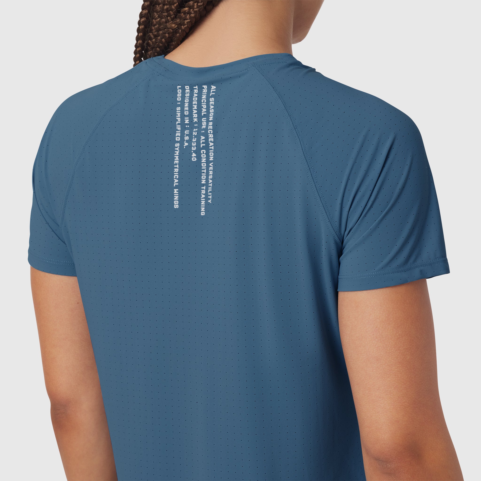 W017 Laser-Vent Established Tee in storm blue, back view on model