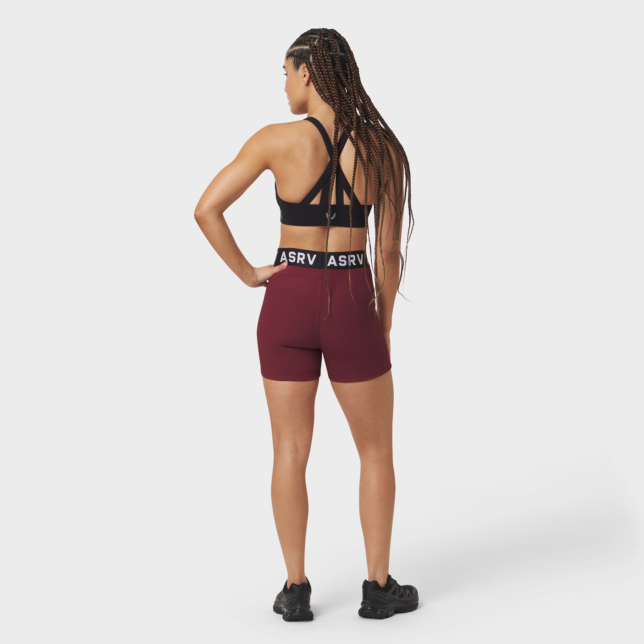 ASRV Lycra Ribbed Short in crimson, back view on model