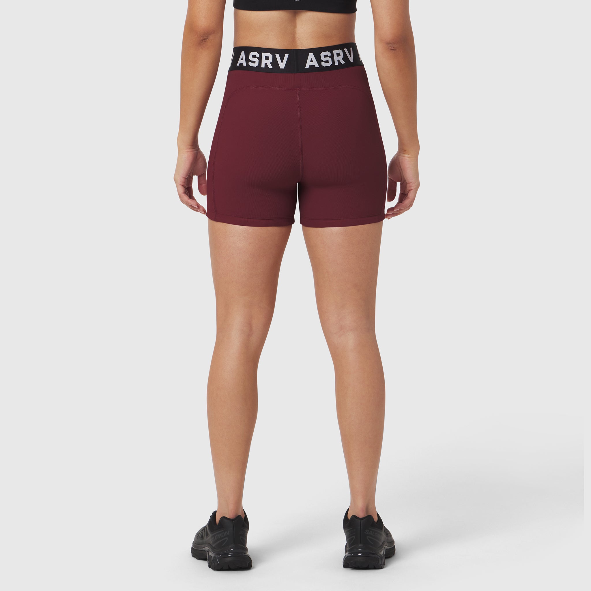 ASRV Lycra Ribbed Short in crimson, back view on model