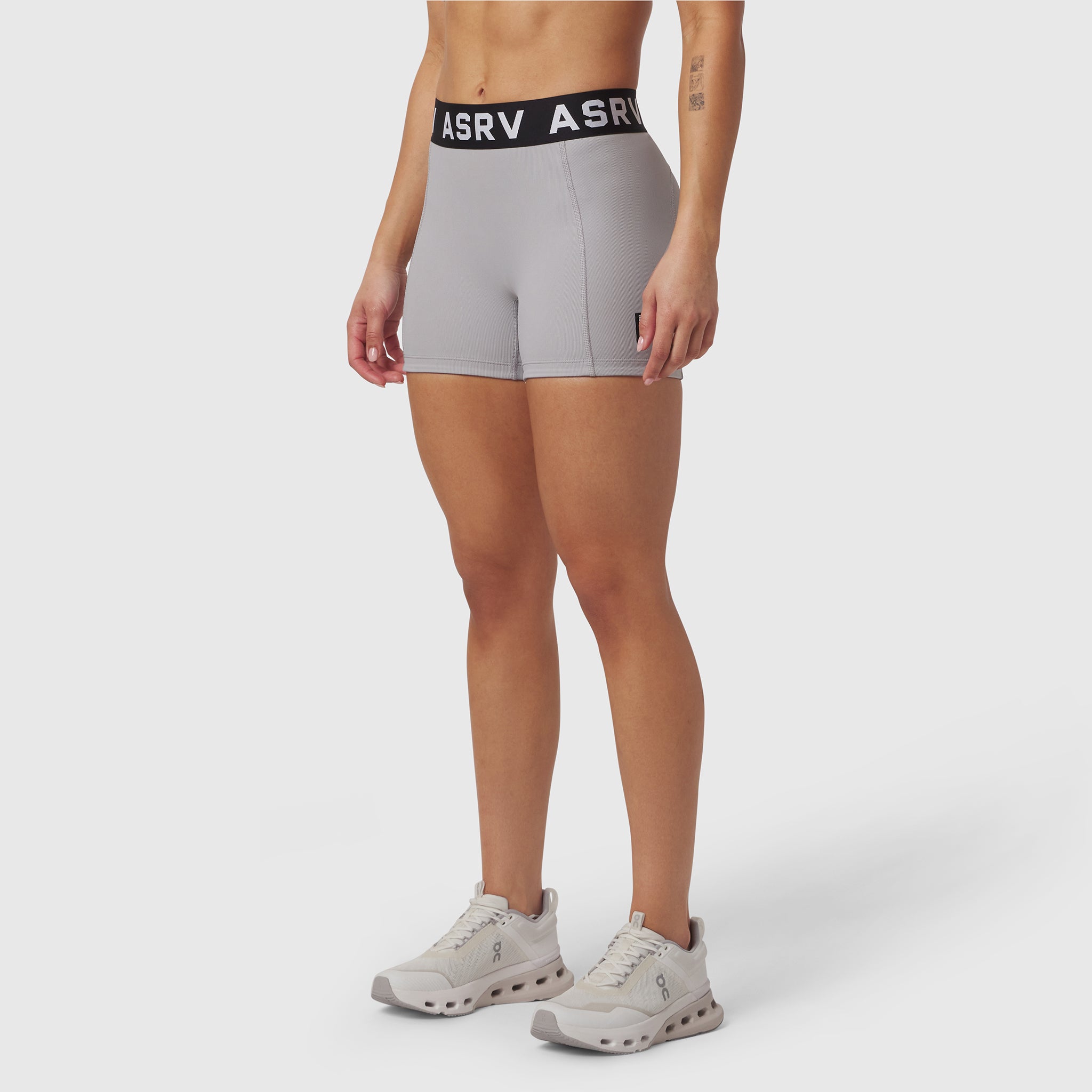LYCRA® Ribbed Short in Slate Grey worn by model, front view