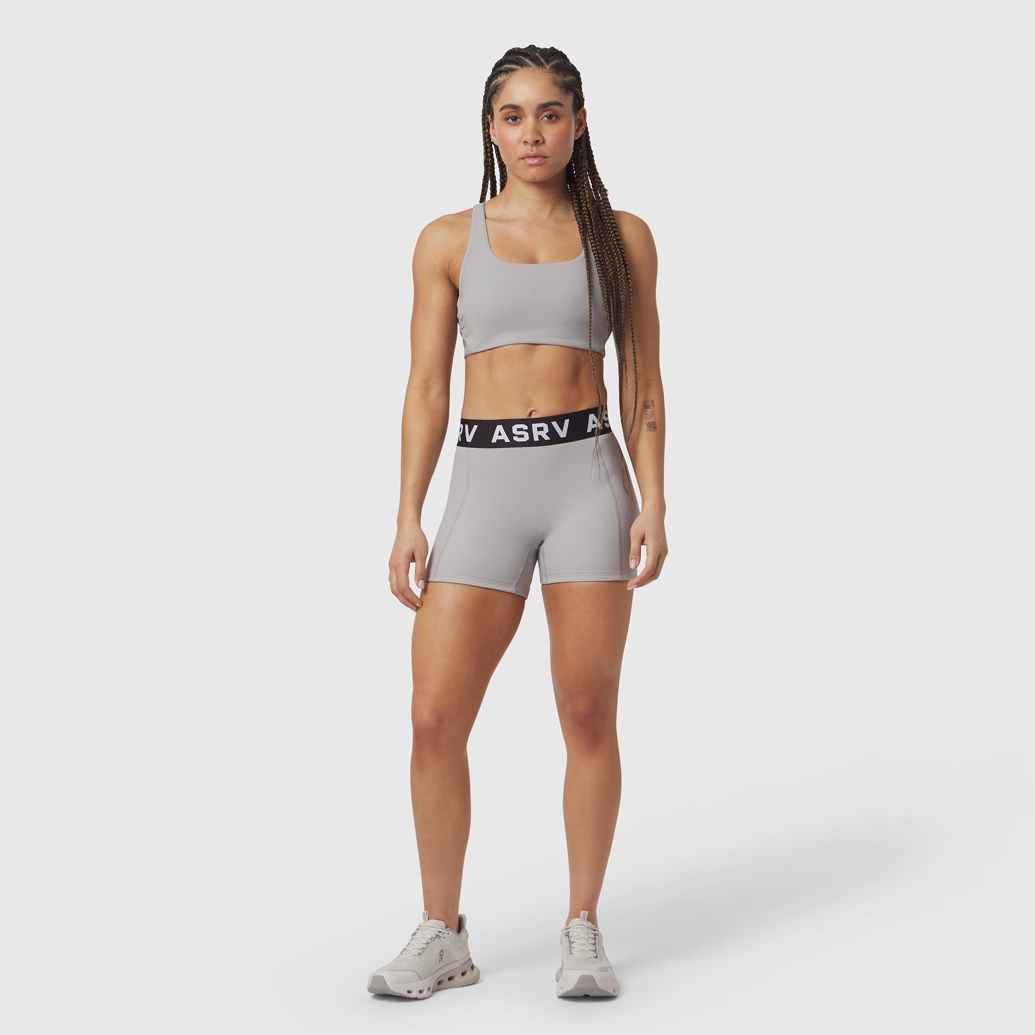 LYCRA® Ribbed Short in slate grey, worn with matching sports bra, front view