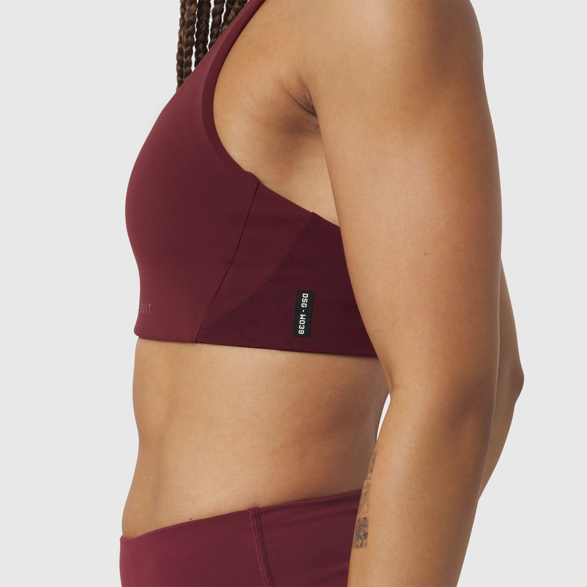 Crimson Lycra Hybrid Sports Bra worn by model, side view
