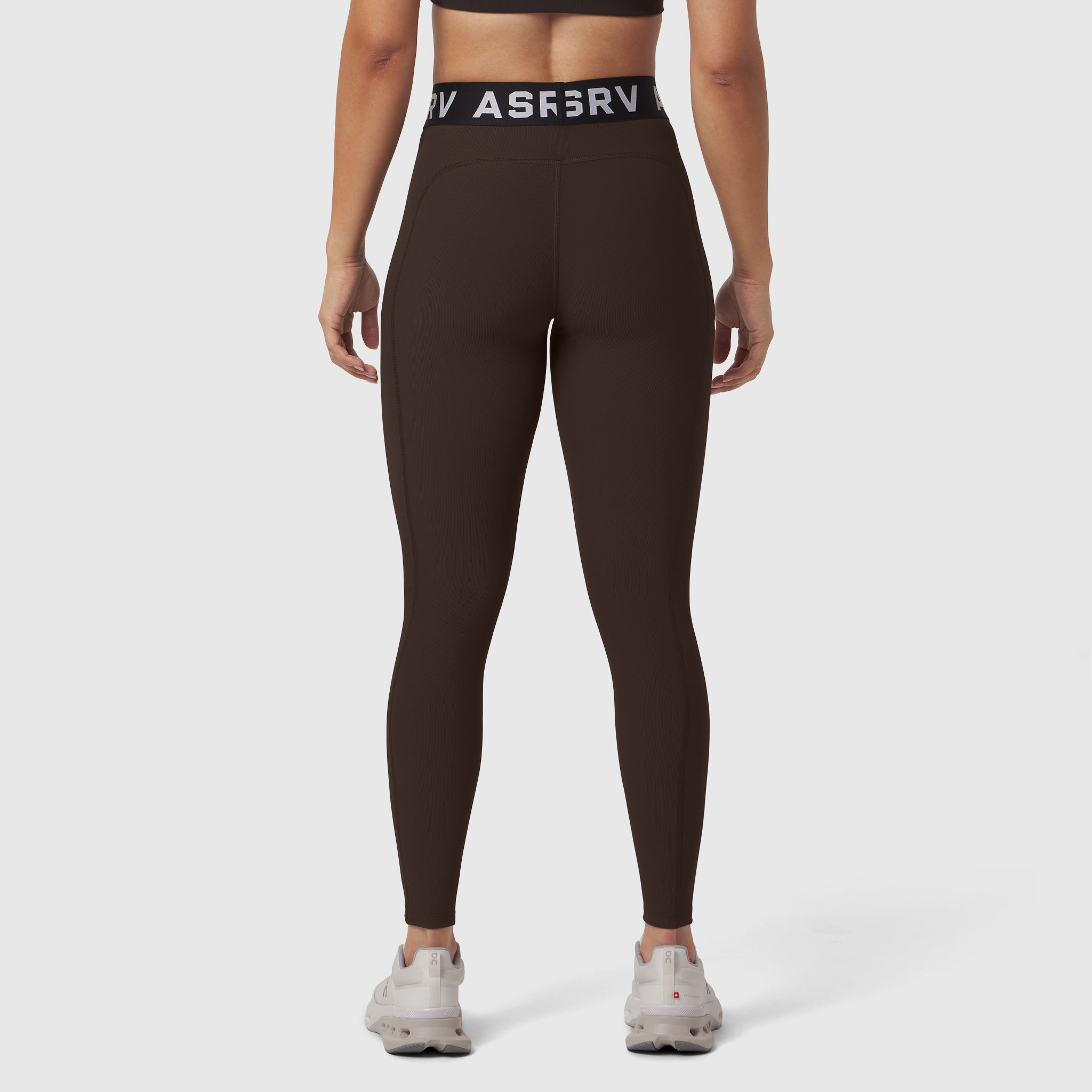W071 Lycra Ribbed Legging in dark brown, worn by model from behind, showing fit and waistband detail
