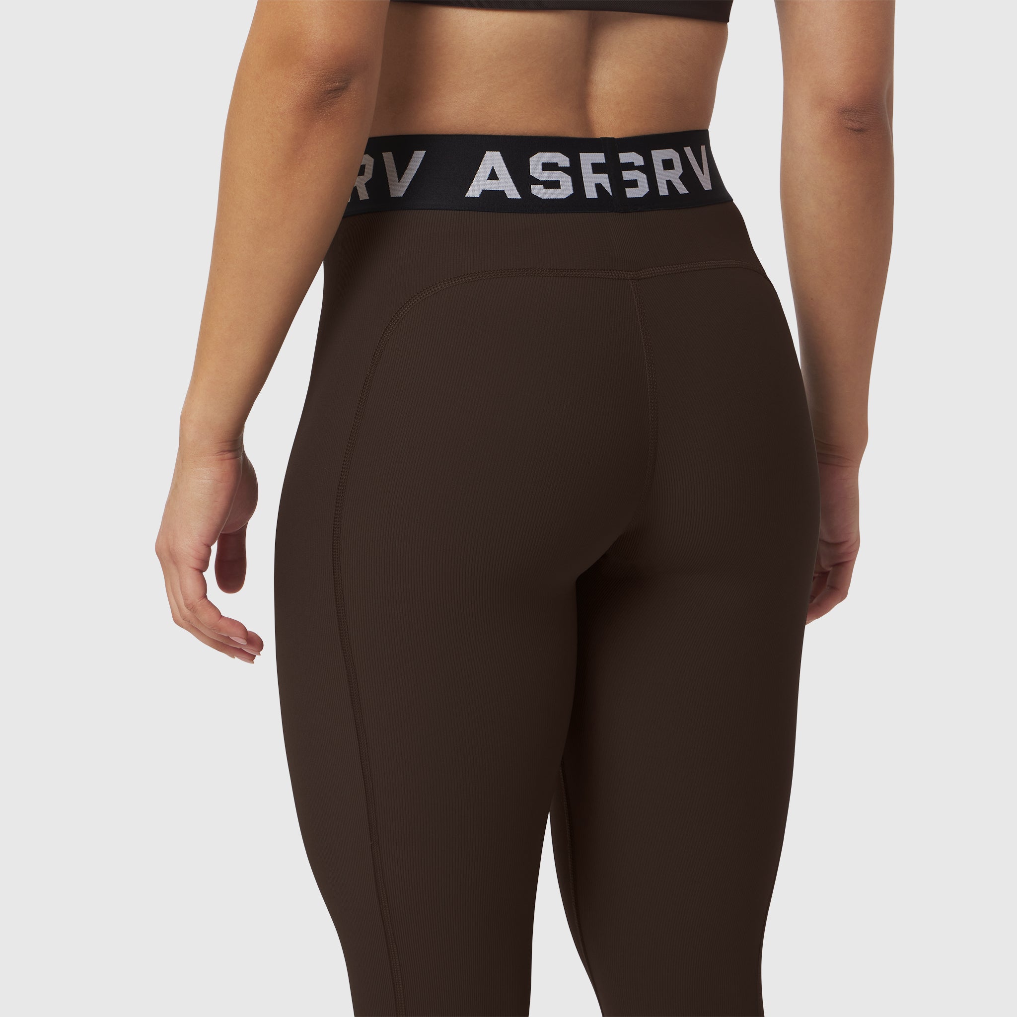 W071 Lycra Ribbed Legging in Dark Earth, worn by model, back view