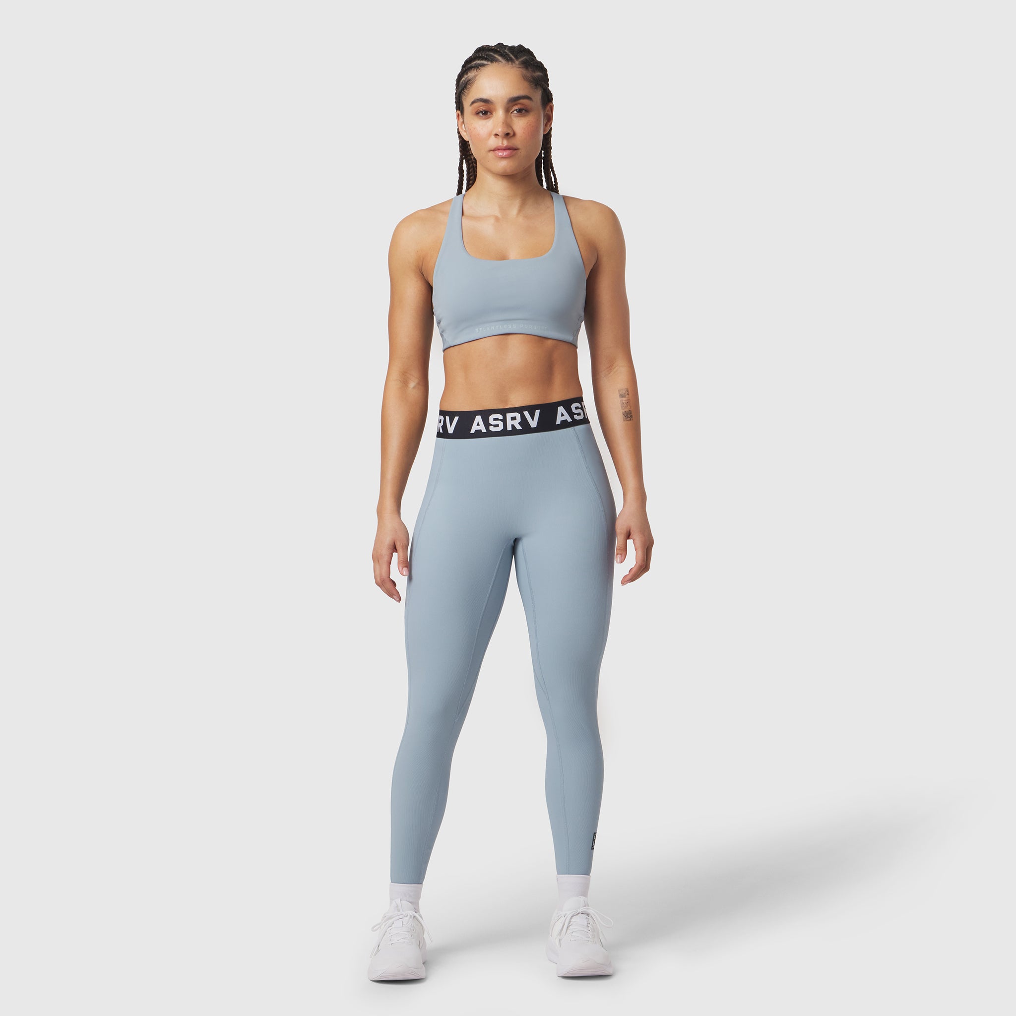 W071 Lycra Ribbed Legging in light sky, worn with matching sports bra