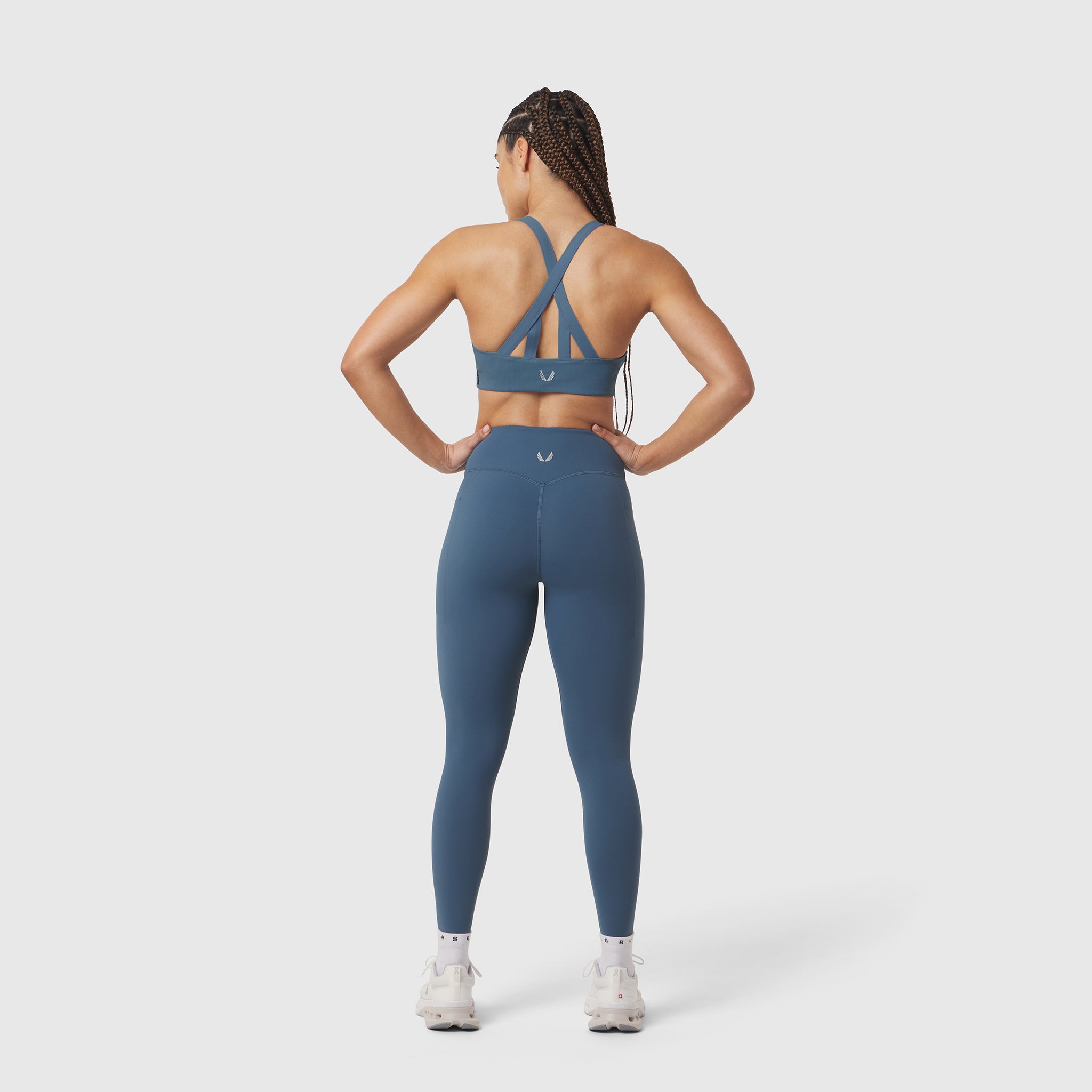 W072 LYCRA® ADAPTIV 4 Pocket Legging in Storm, rear view on model