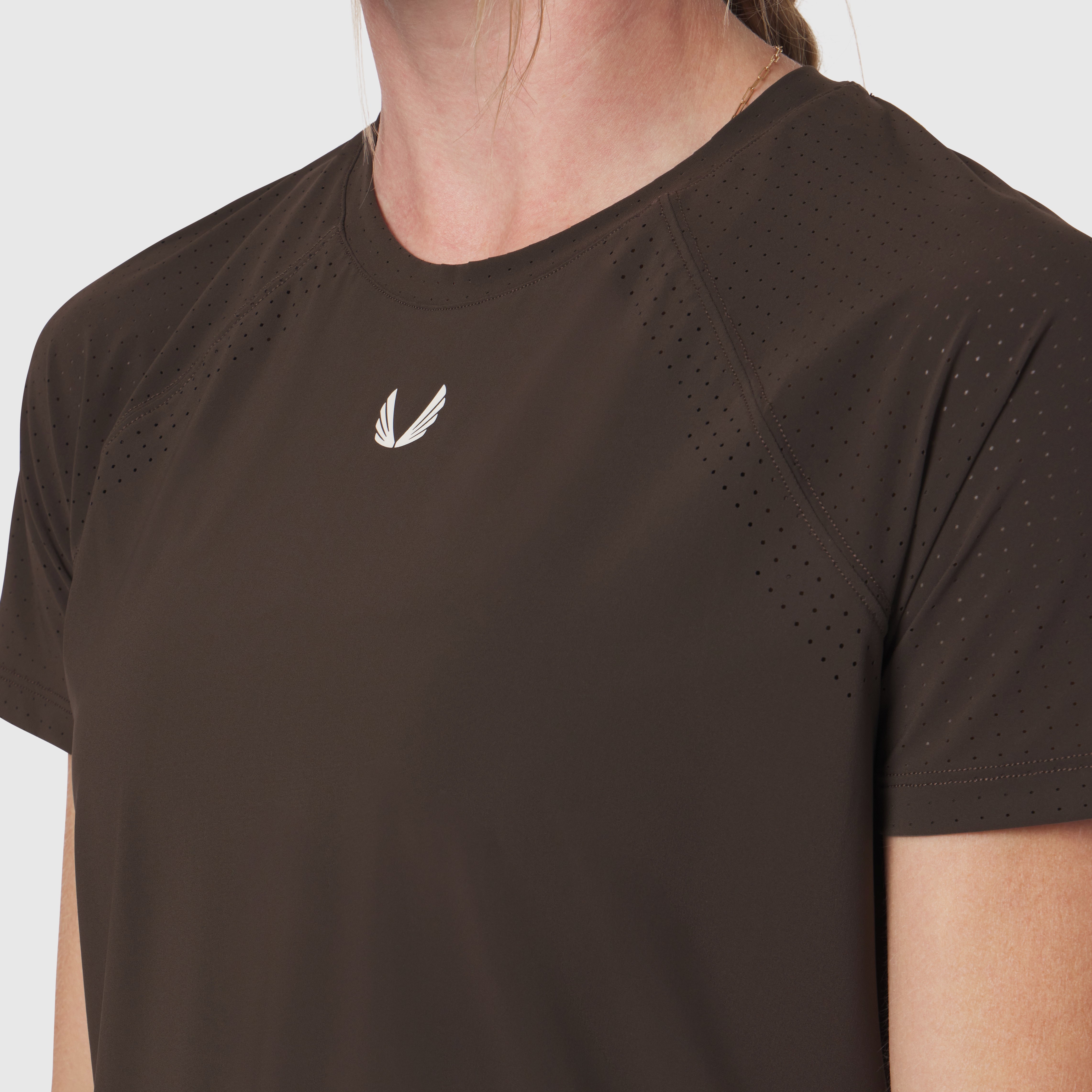 Laser-Vent Established Tee in Dark Earth worn by model, front view