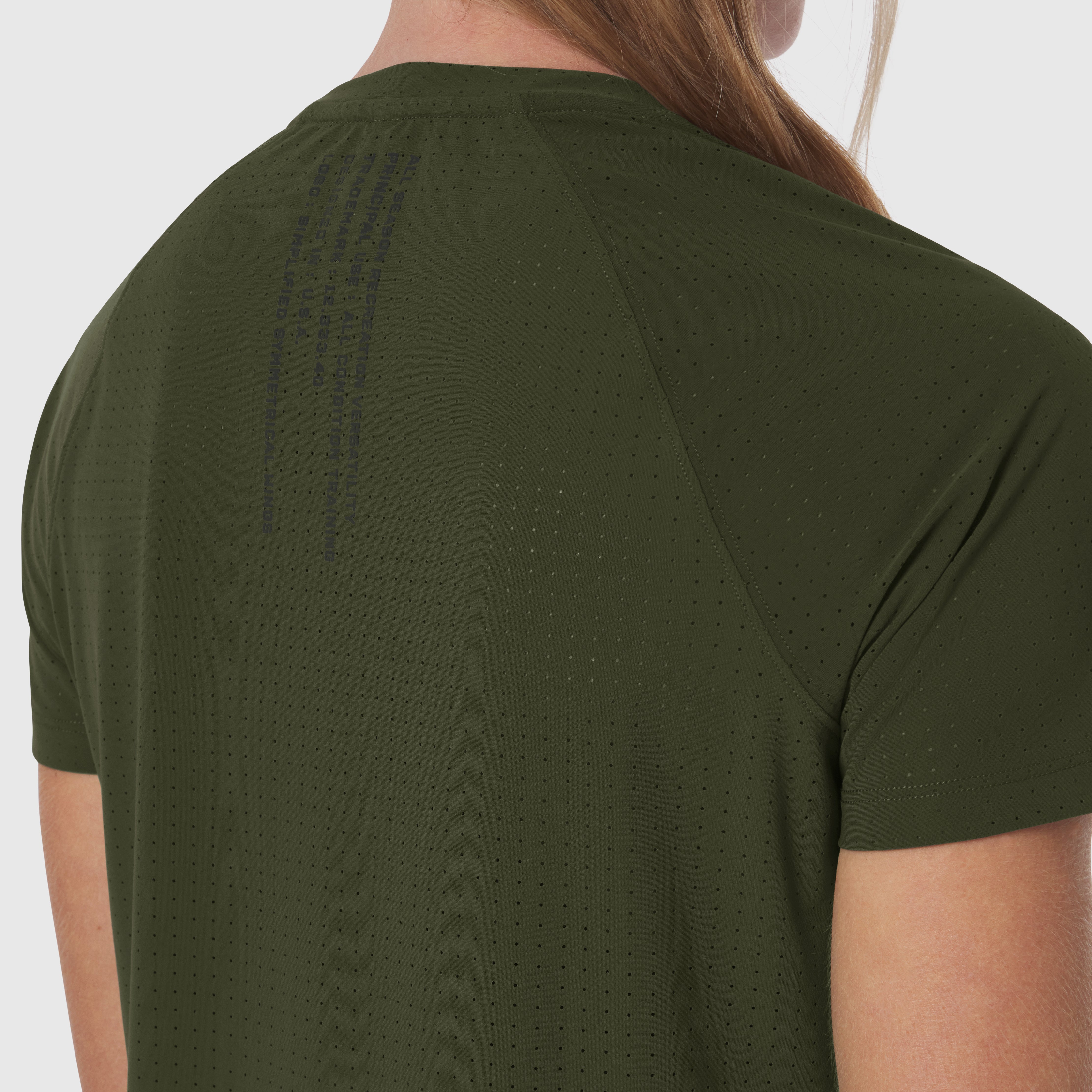 W017 Laser-Vent Established Tee in olive, back view on model