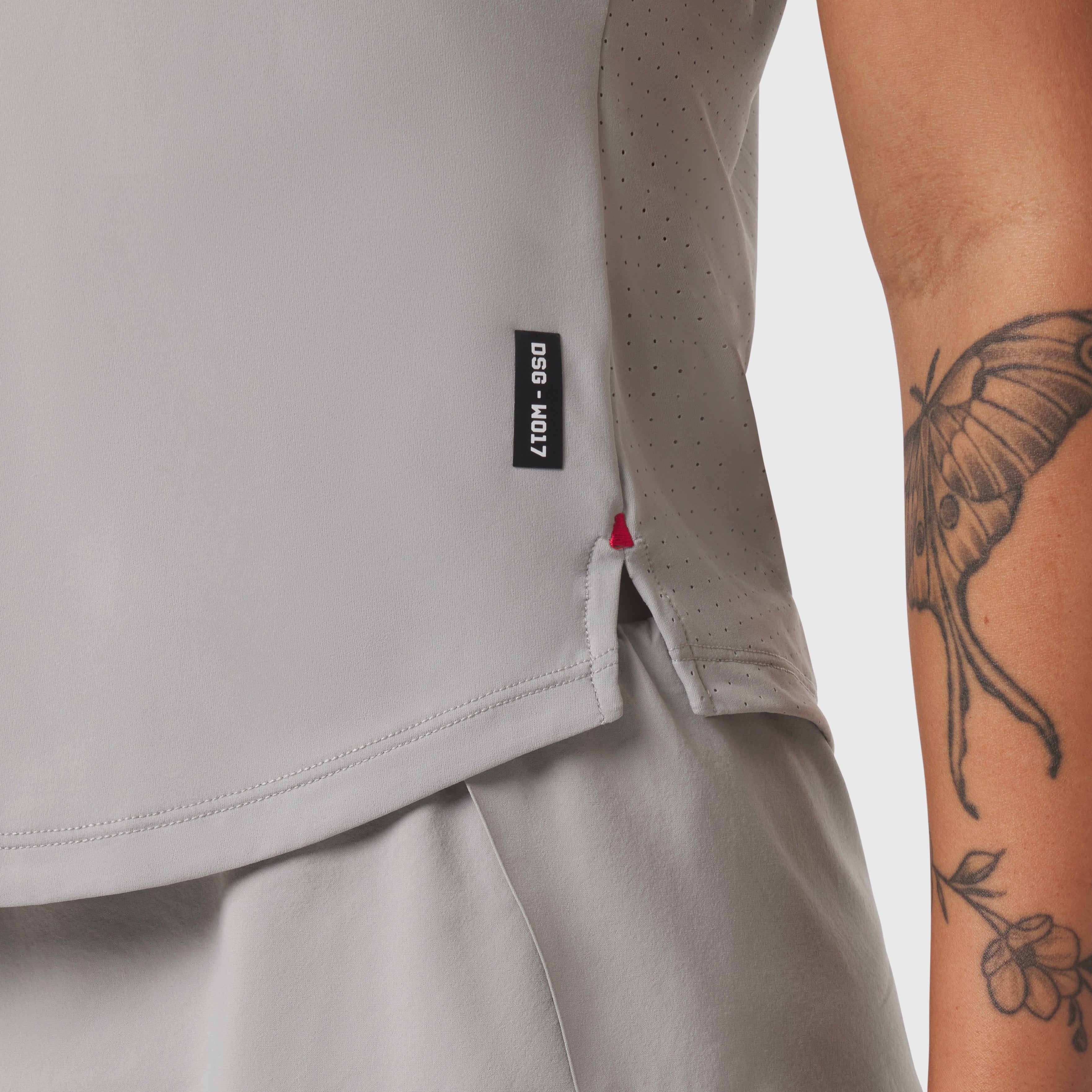 Laser-Vent Established Tee in Slate Grey worn by model, side detail view