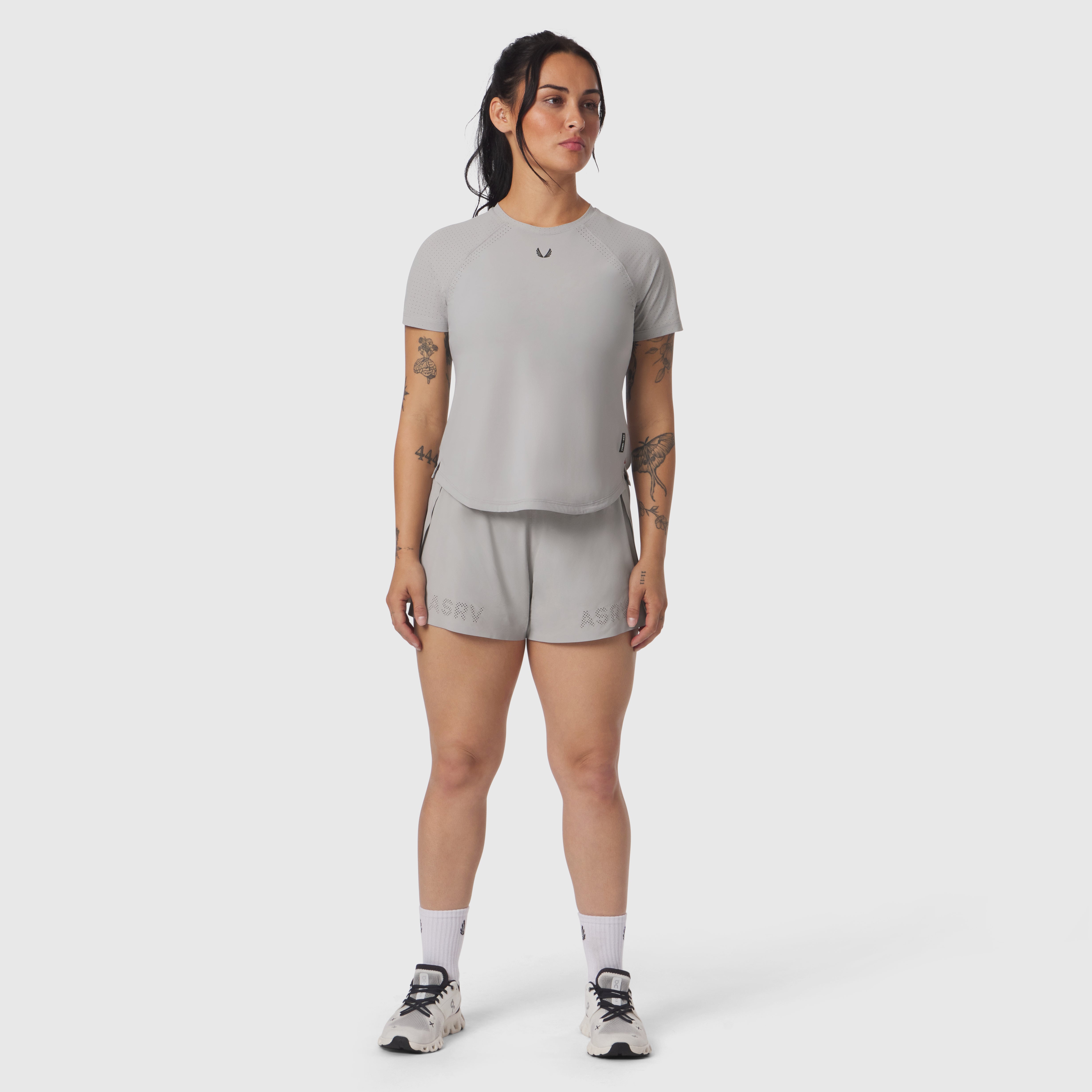 Laser-Vent Established Tee in slate grey, worn with matching shorts, front view