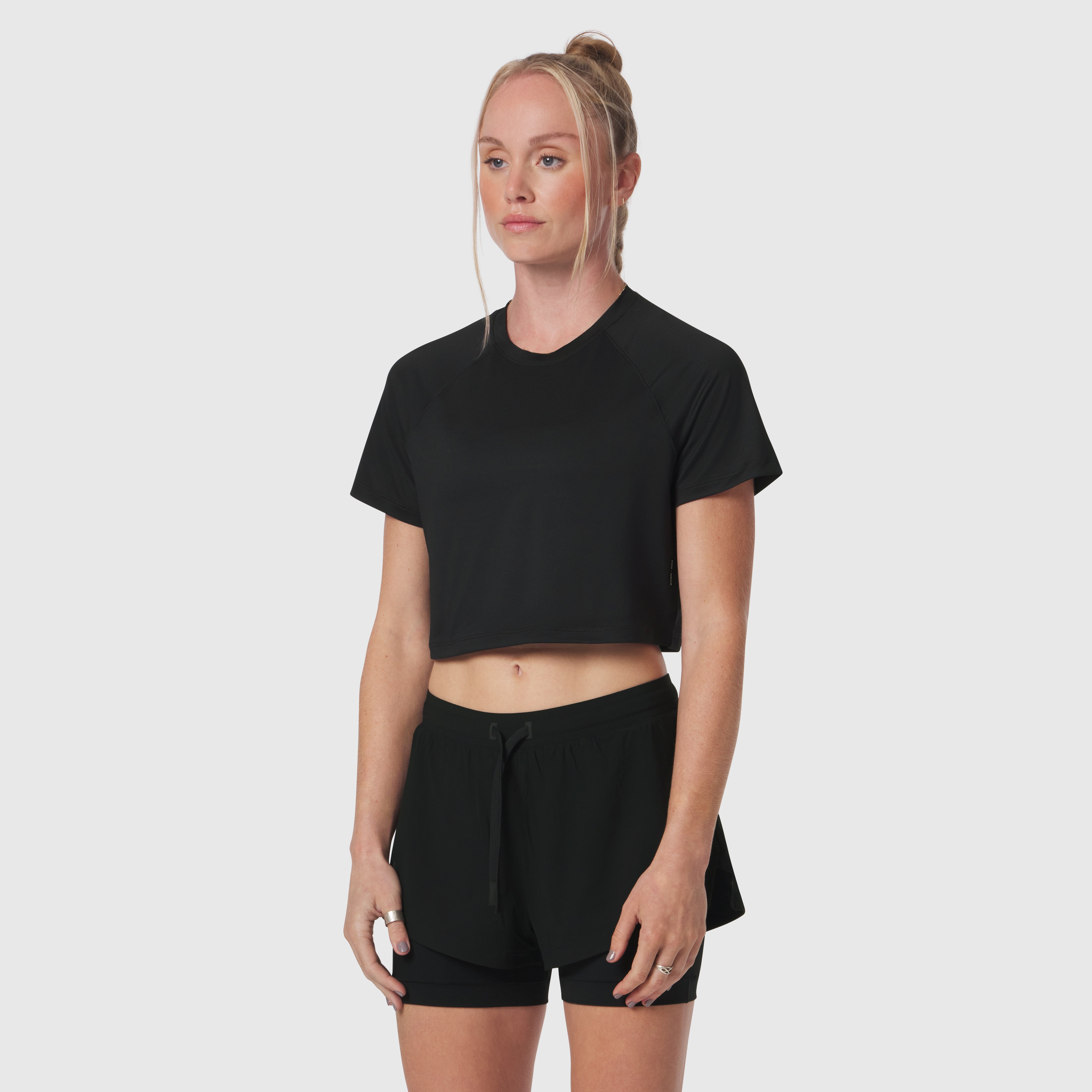 AeroSilver® Cropped Tee in black worn by model, front view