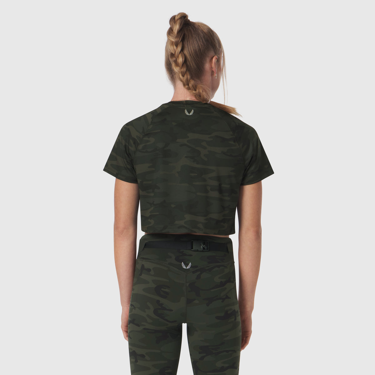 AeroSilver® Cropped Tee in Dark Camo worn by model, back view