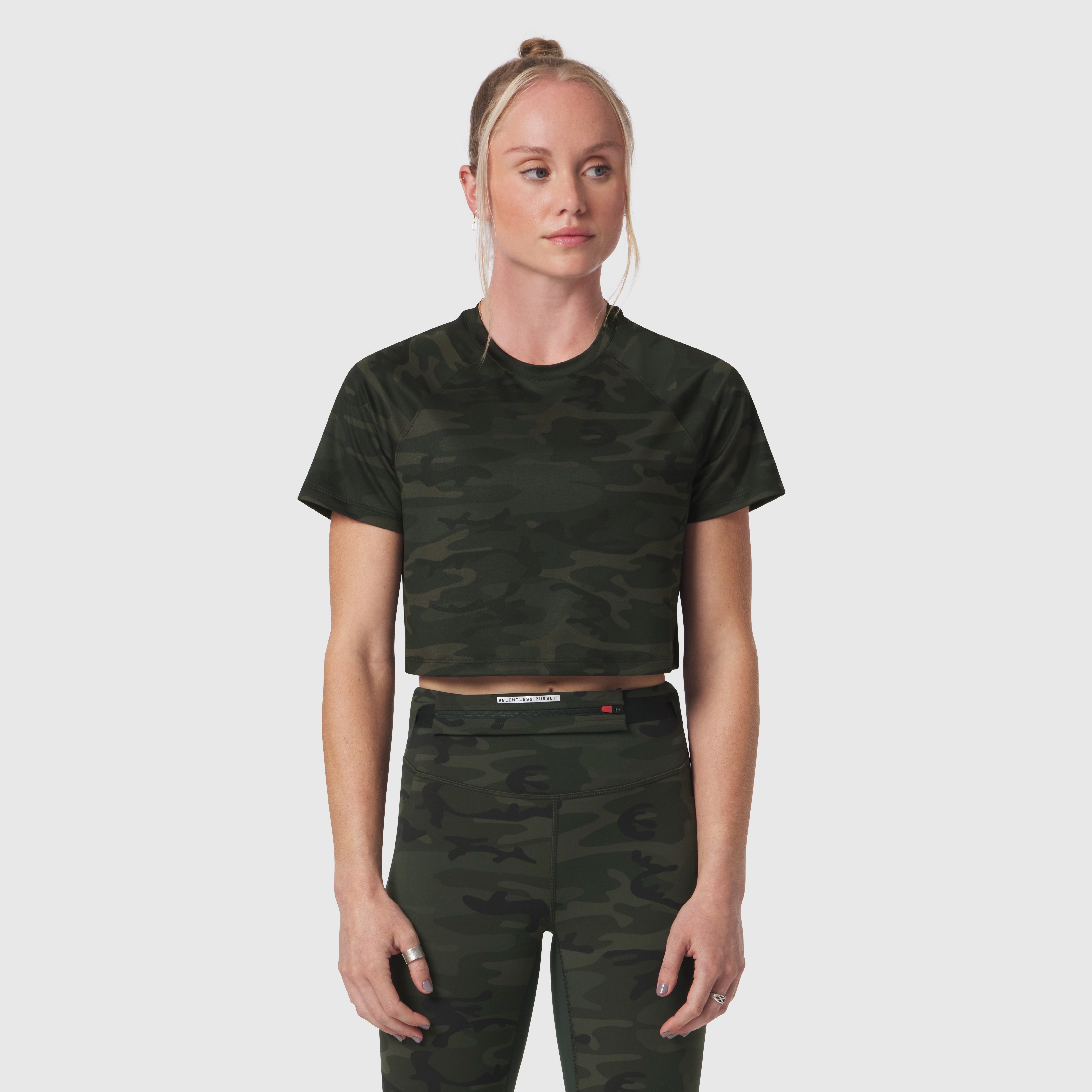 AeroSilver® Cropped Tee in dark camo worn by model, front view