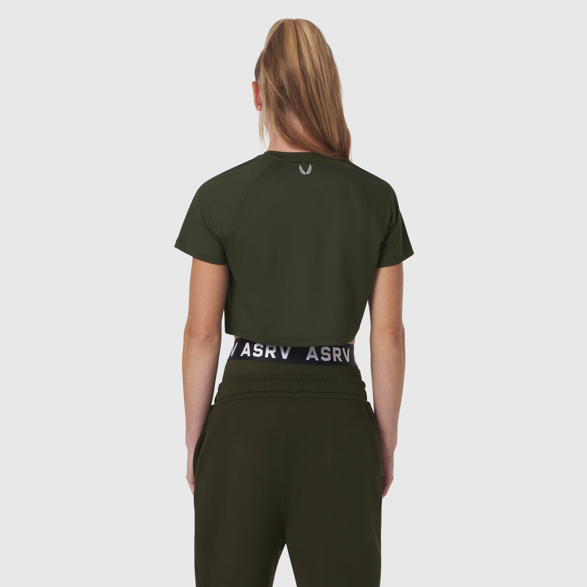 AeroSilver® Cropped Tee in olive worn by model, back view