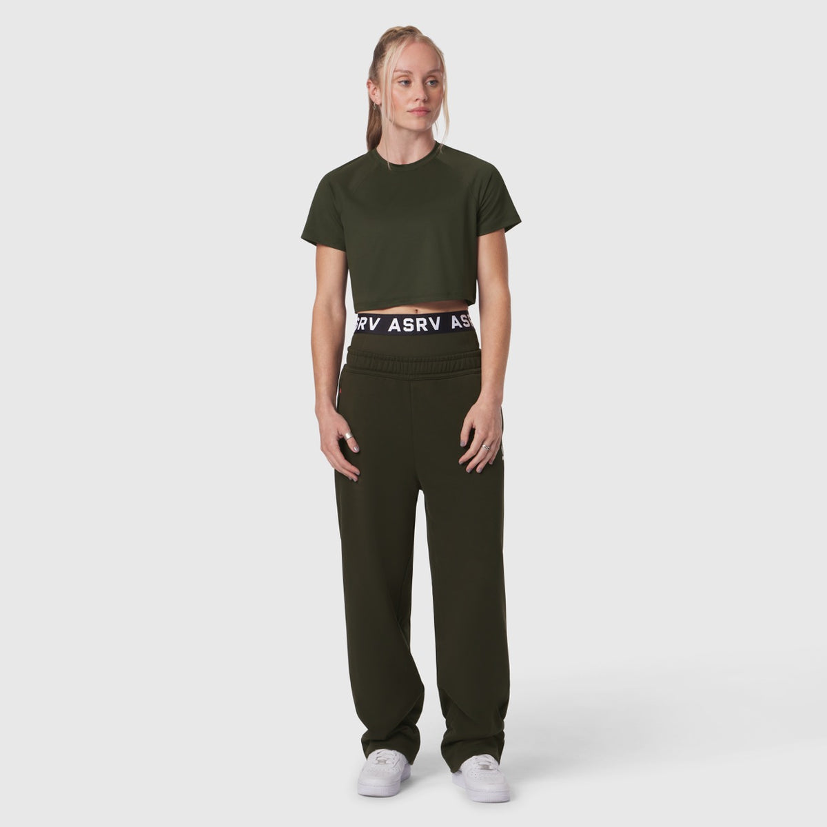 AeroSilver Cropped Tee in olive worn with matching joggers, front view