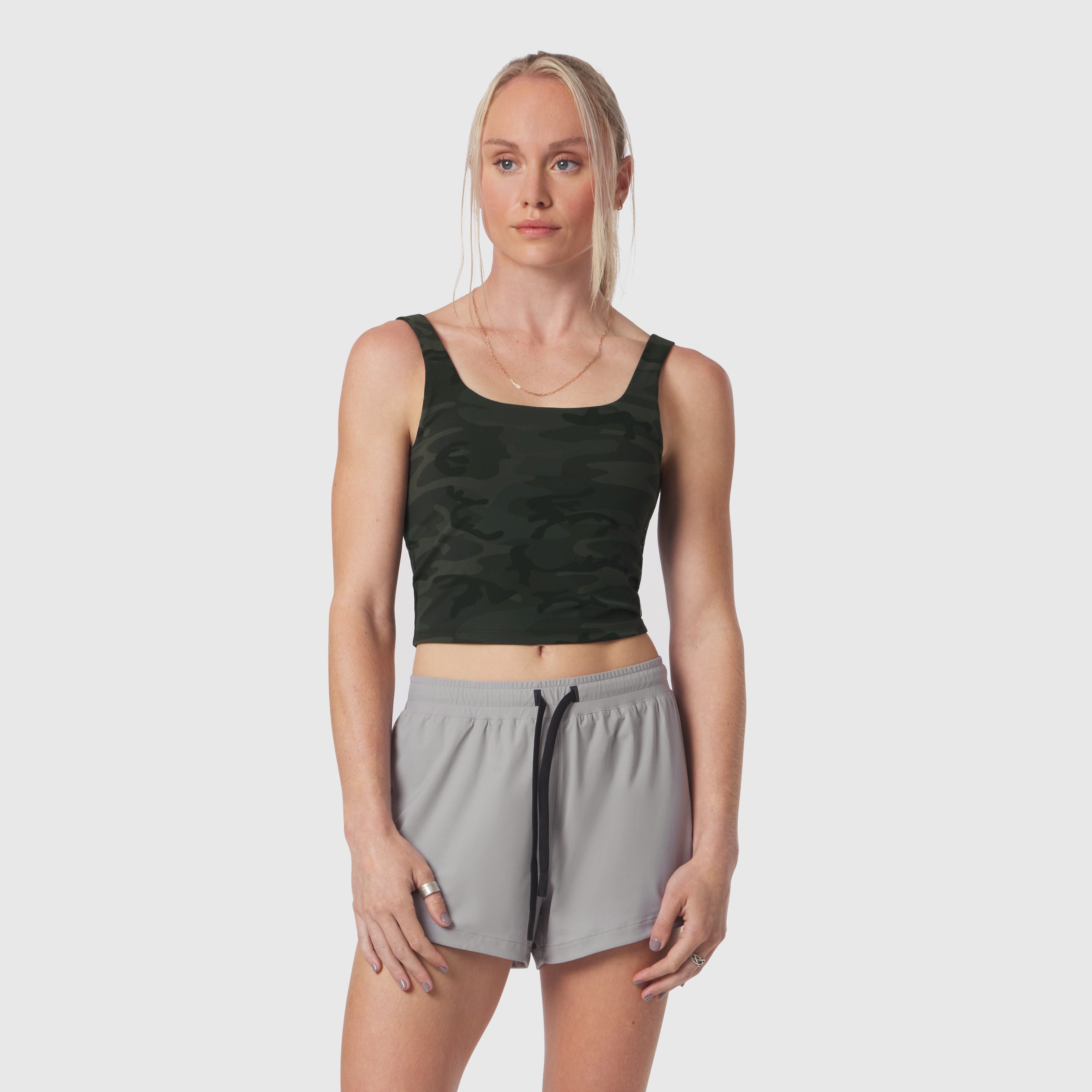 W022 Lycra 2-in-1 Tank Top in Dark Camo worn with grey shorts, front view