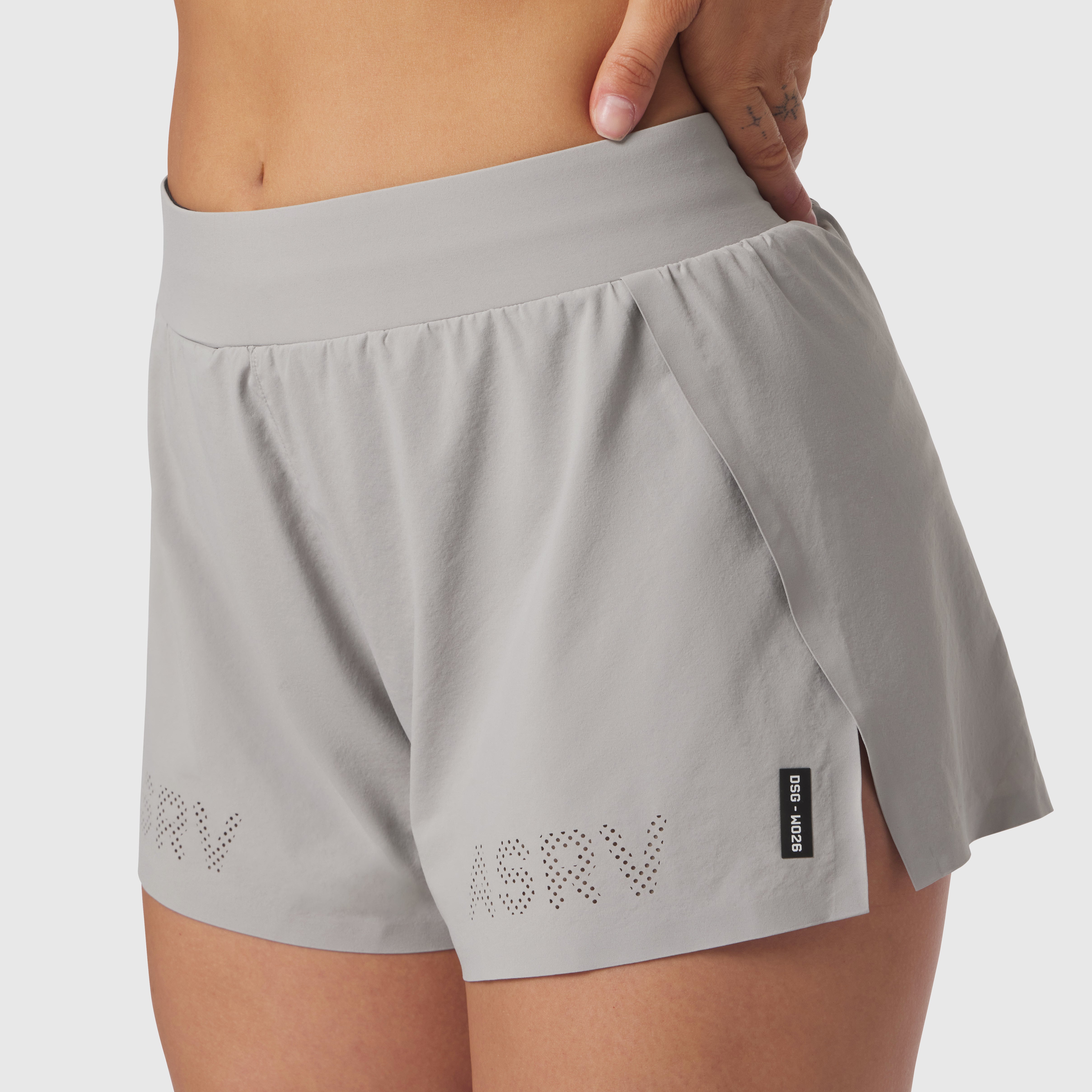 Aerotex Side Split Run Short in slate grey worn by model, front view