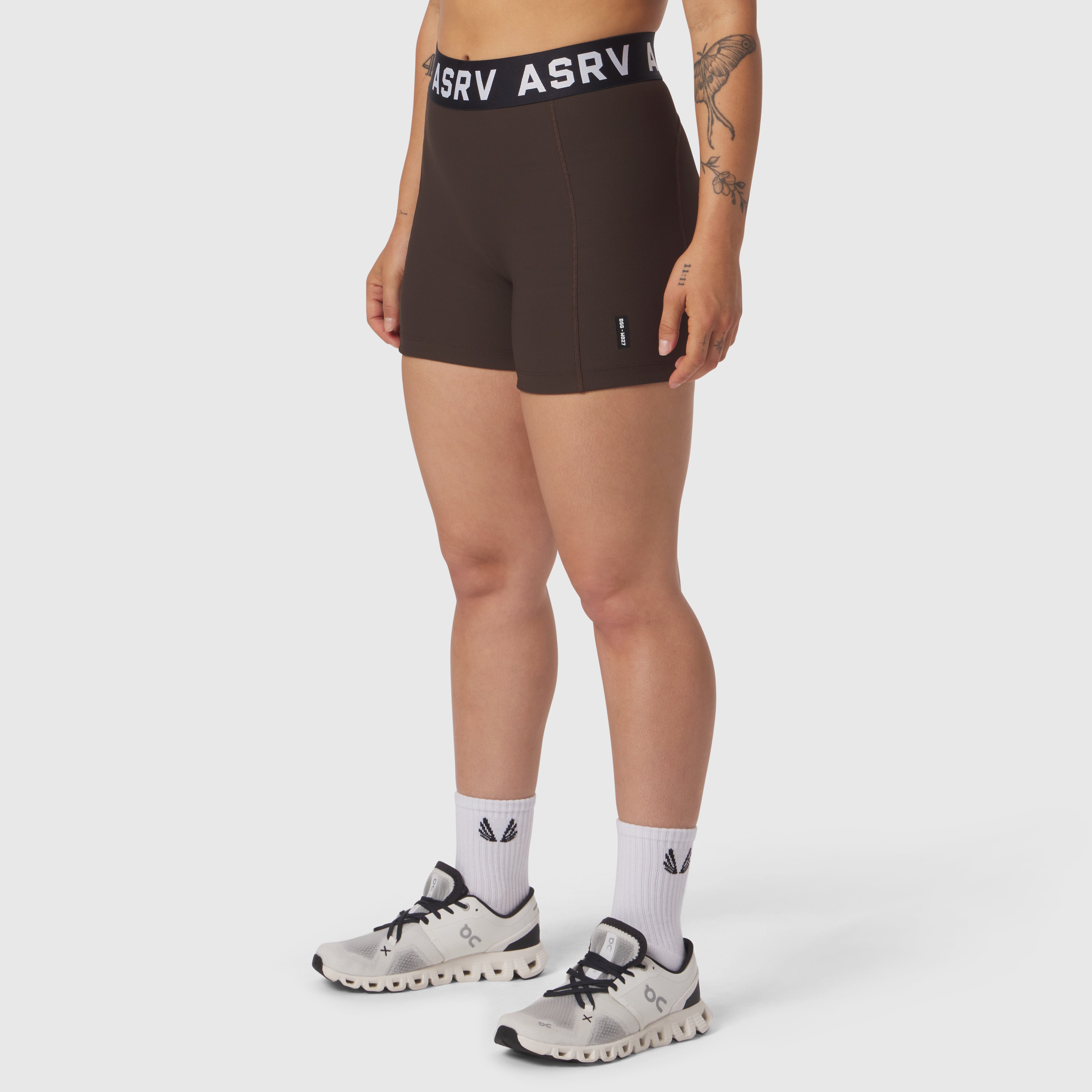 ASRV W027 Lycra Ribbed Short in dark earth, worn by model with white socks and sneakers