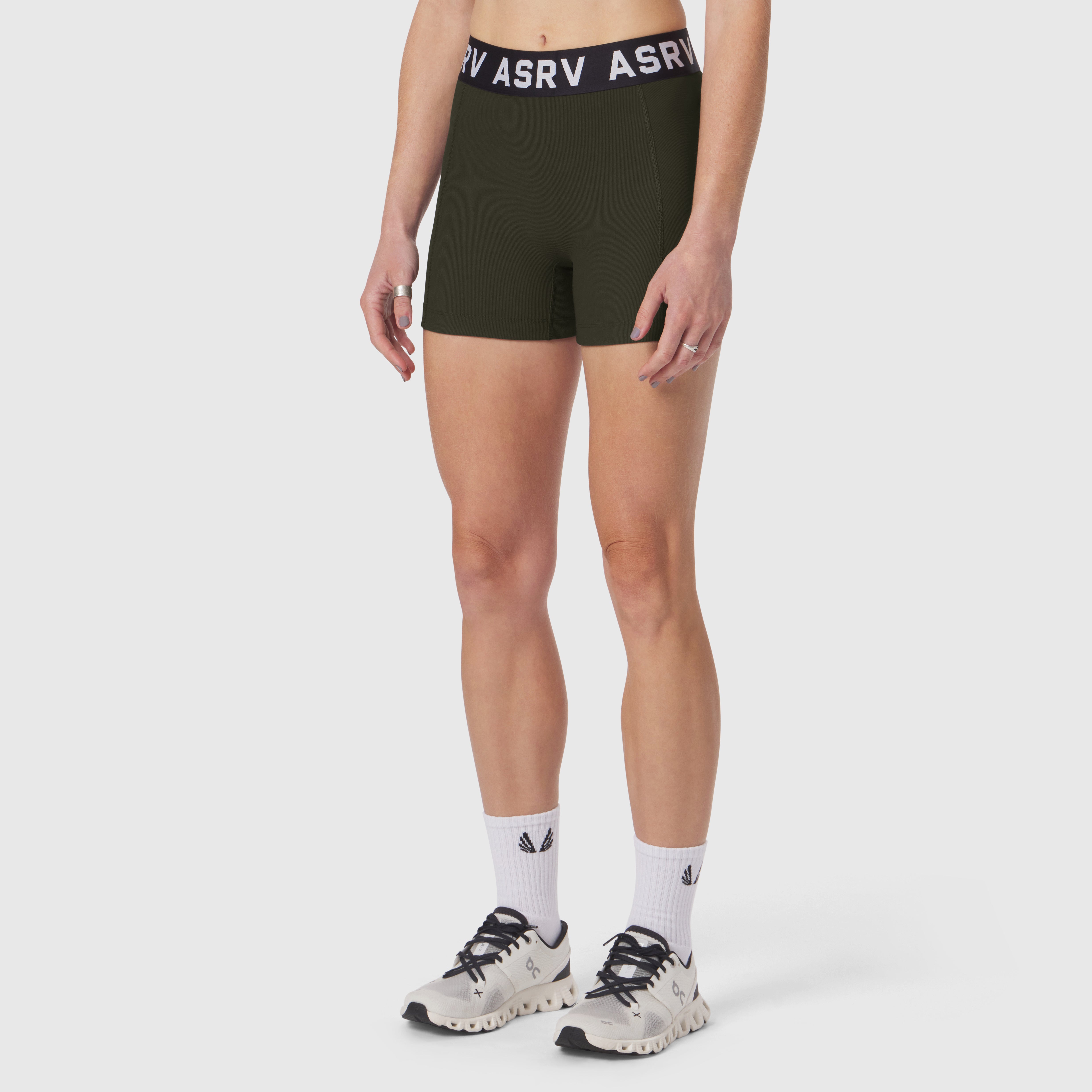 ASRV Lycra Ribbed Short in olive worn by model with white socks and sneakers