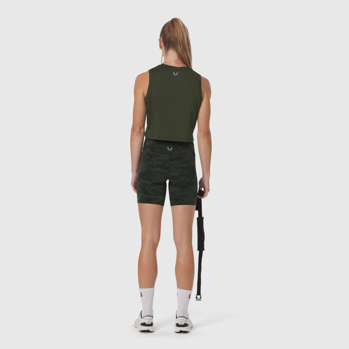 W029 Lycra 3-in-1 Biker Short in Dark Camo, back view on model