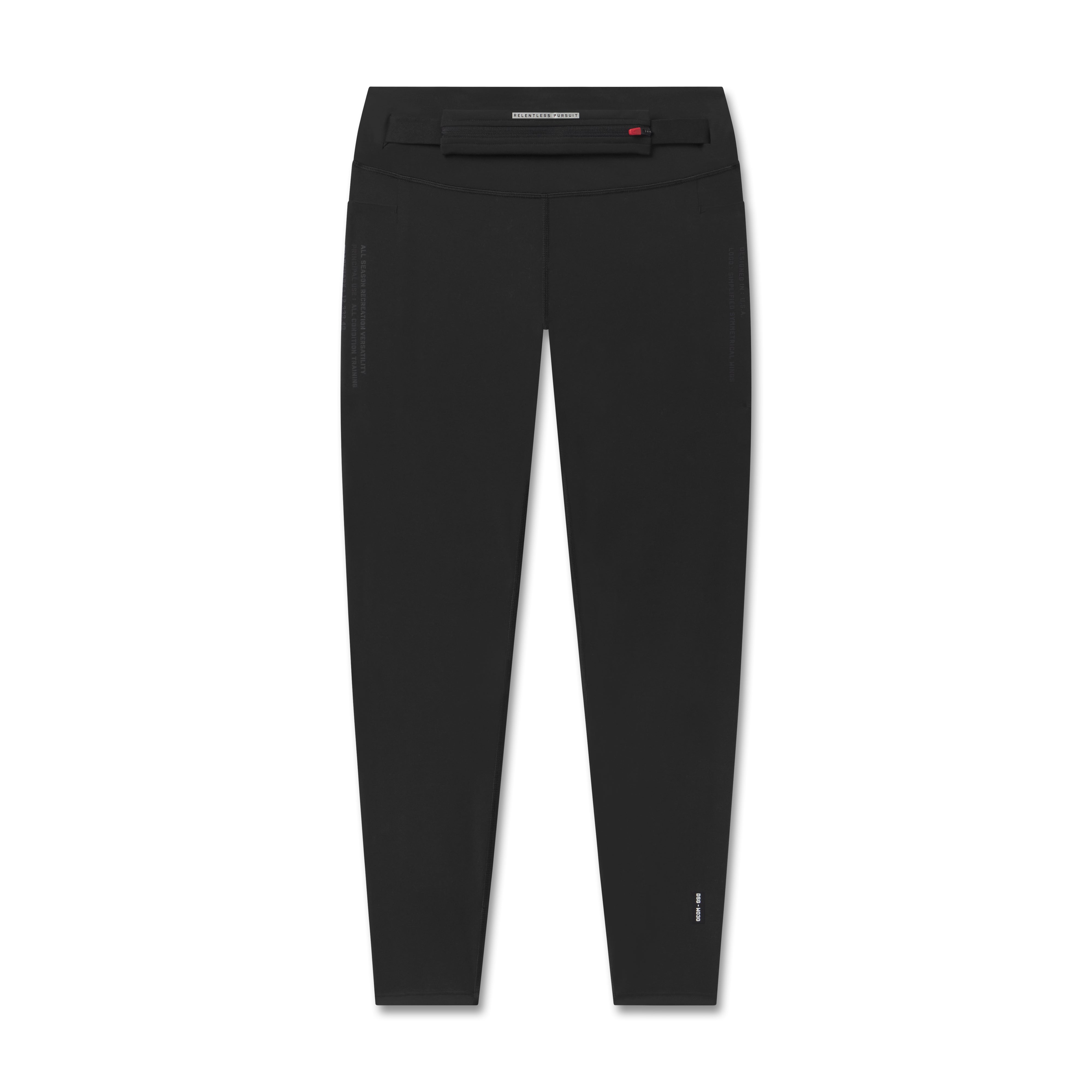 Flatlay of black LYCRA® 3-in-1 legging with mesh side panels, front view