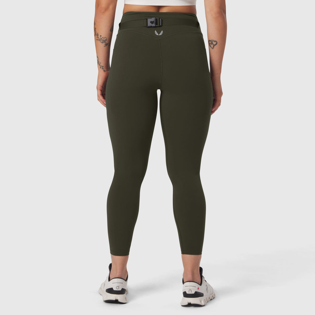 W030 LYCRA® 3-in-1 Legging in olive, back view on model