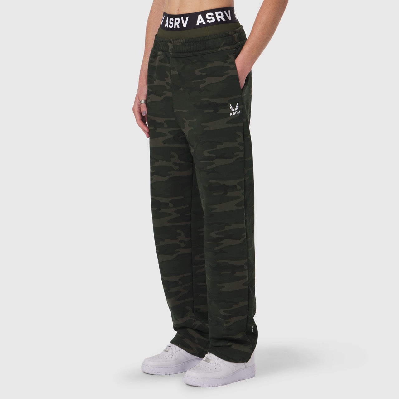 W034 Sorona® Terry Straight Leg Sweats in dark camo, worn on model, side view