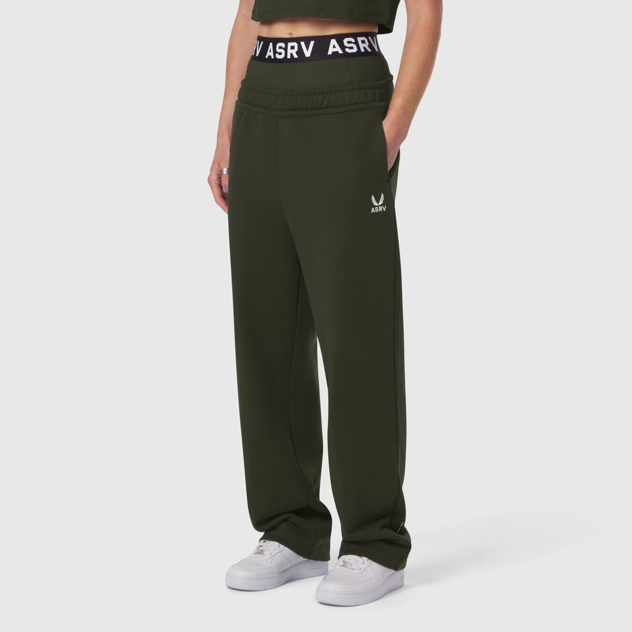 W034 Sorona® Terry Straight Leg Sweats in olive, worn by model with white sneakers
