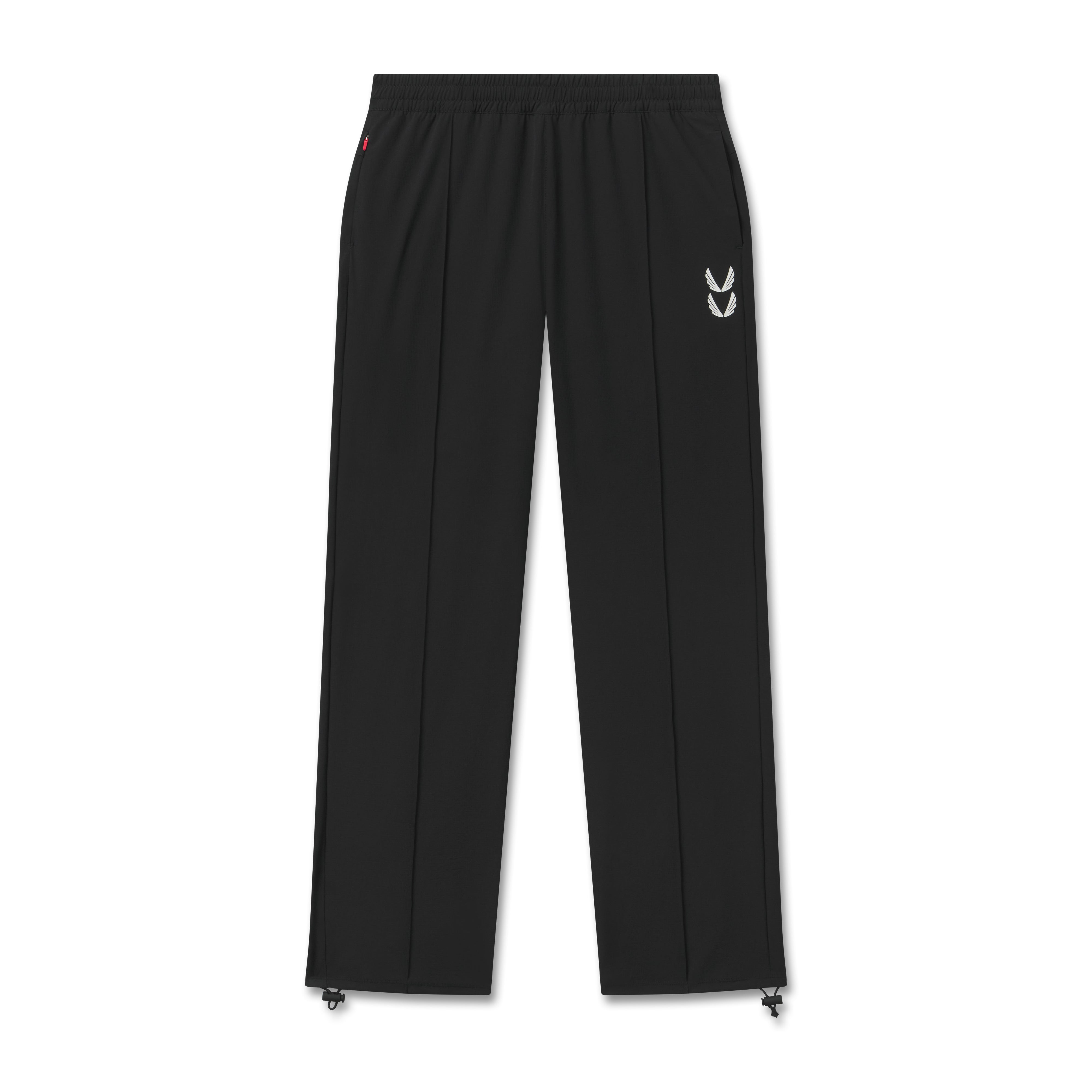 of black ripstop relaxed track pant with white logo on right leg, front view