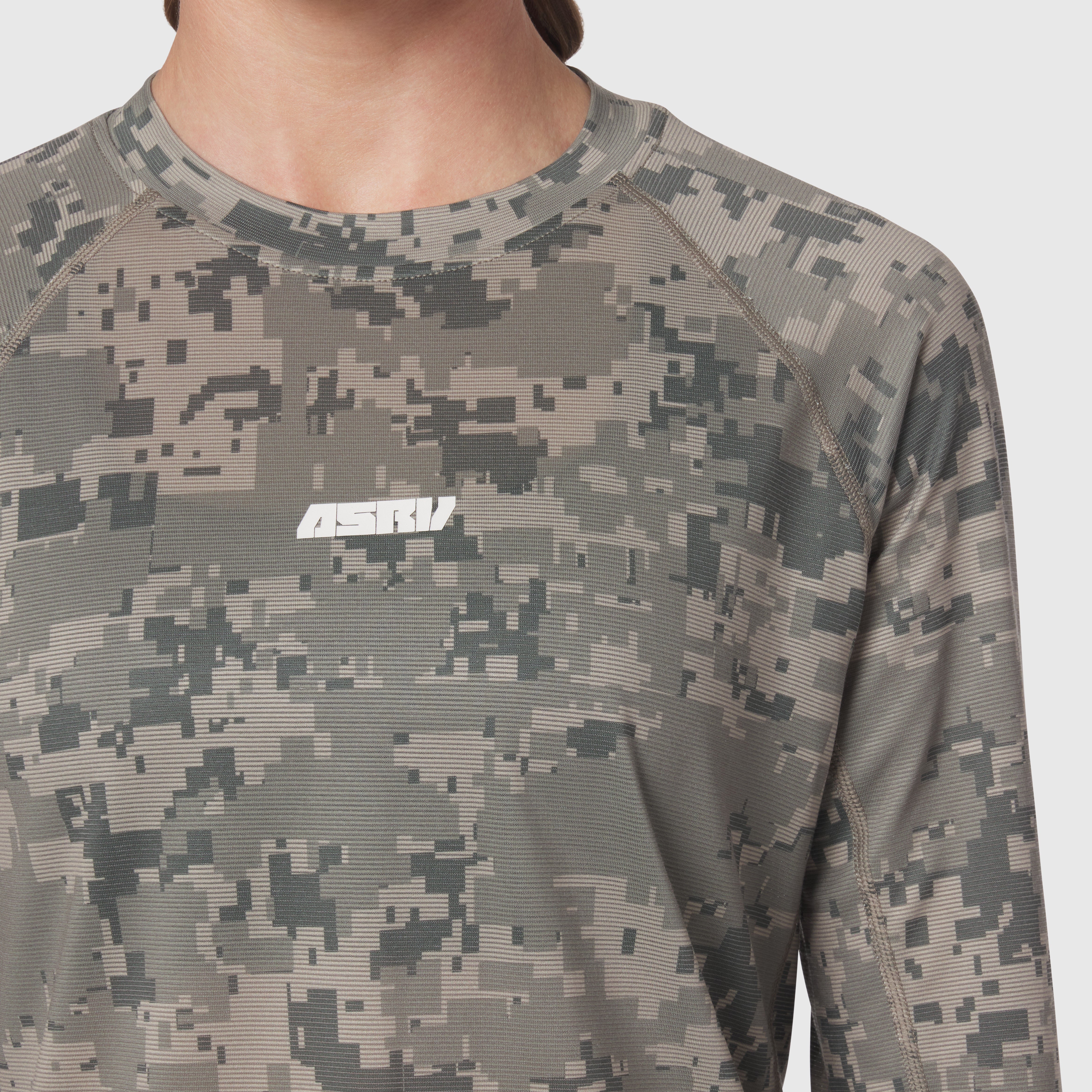 Polartec® Delta Longsleeve in digital camo pattern, worn by model, front view