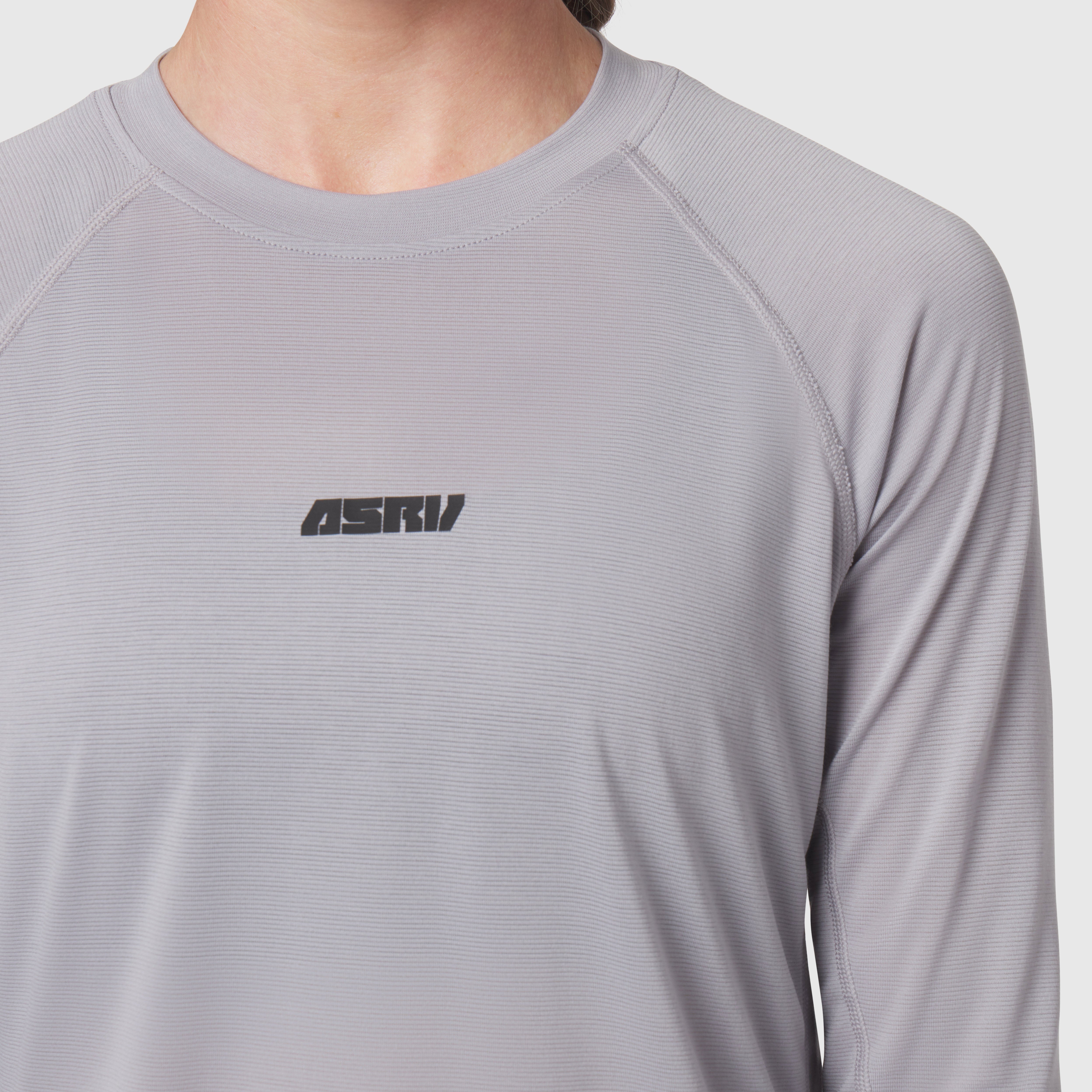 Polartec® Delta longsleeve in slate grey worn by model, chest detail view