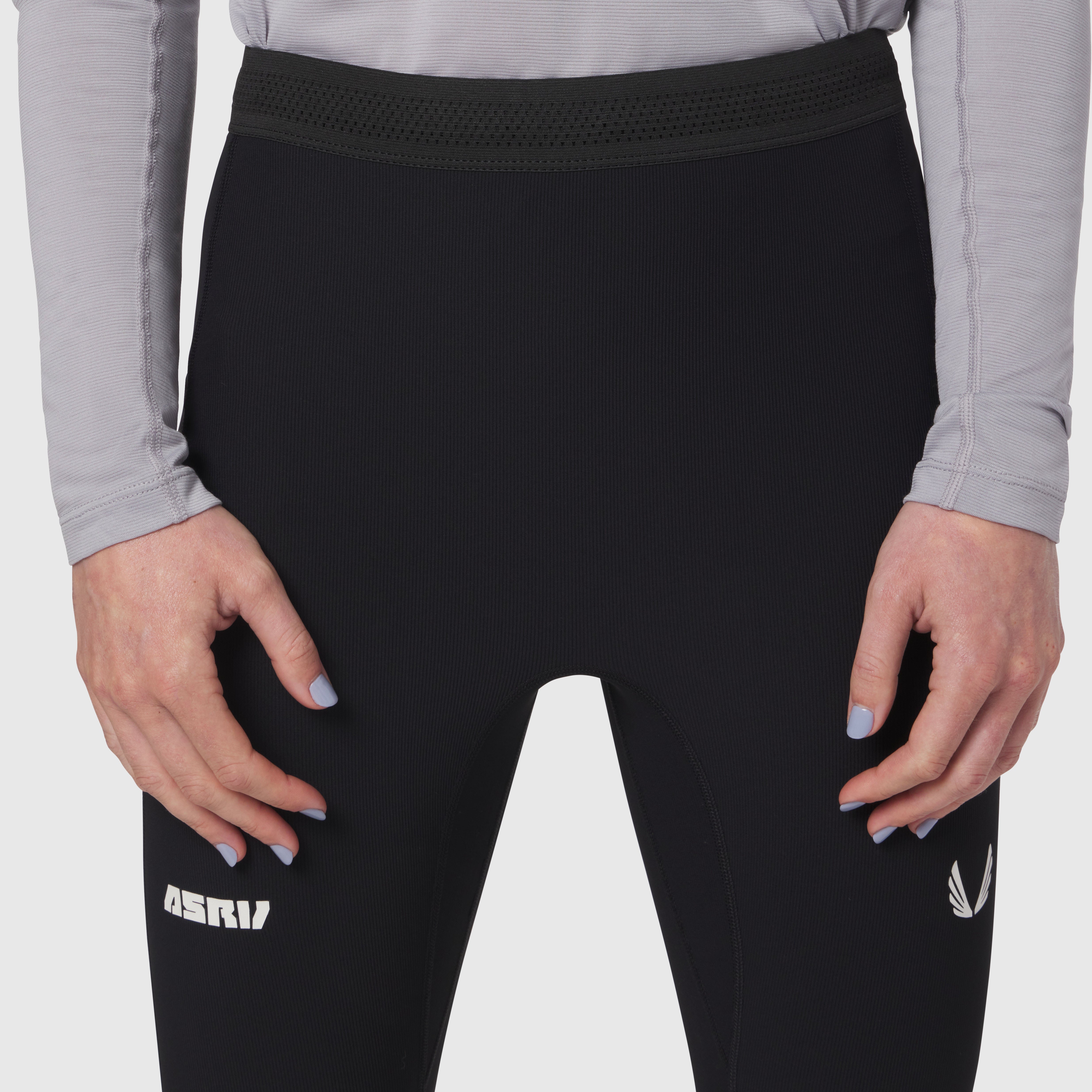W055 Lycra® Ribbed Running Tight in black, worn by model, waist and thigh detail