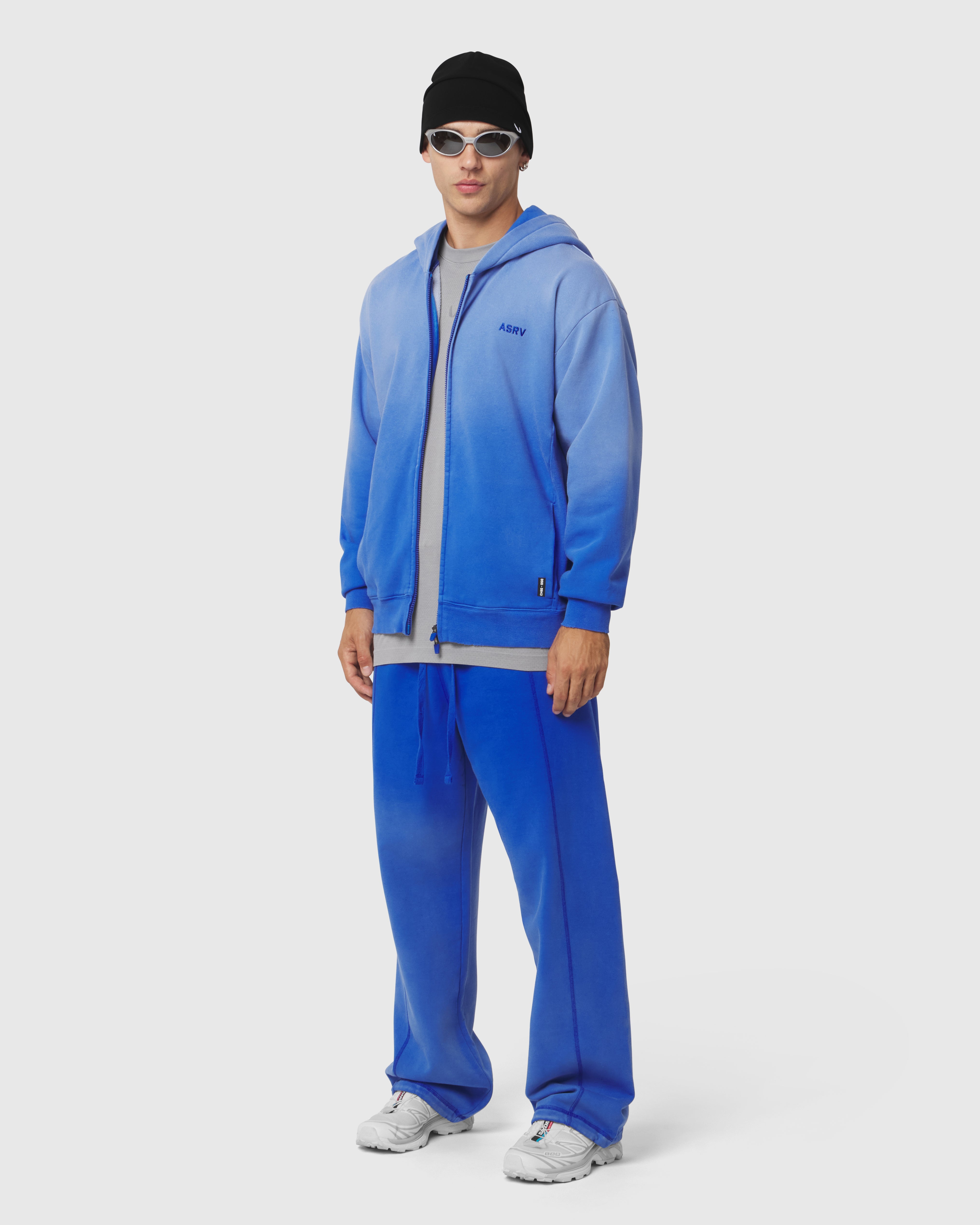0843. Tech Essential™ Distressed Full Zip Hoodie - Electric Blue Sun Fade