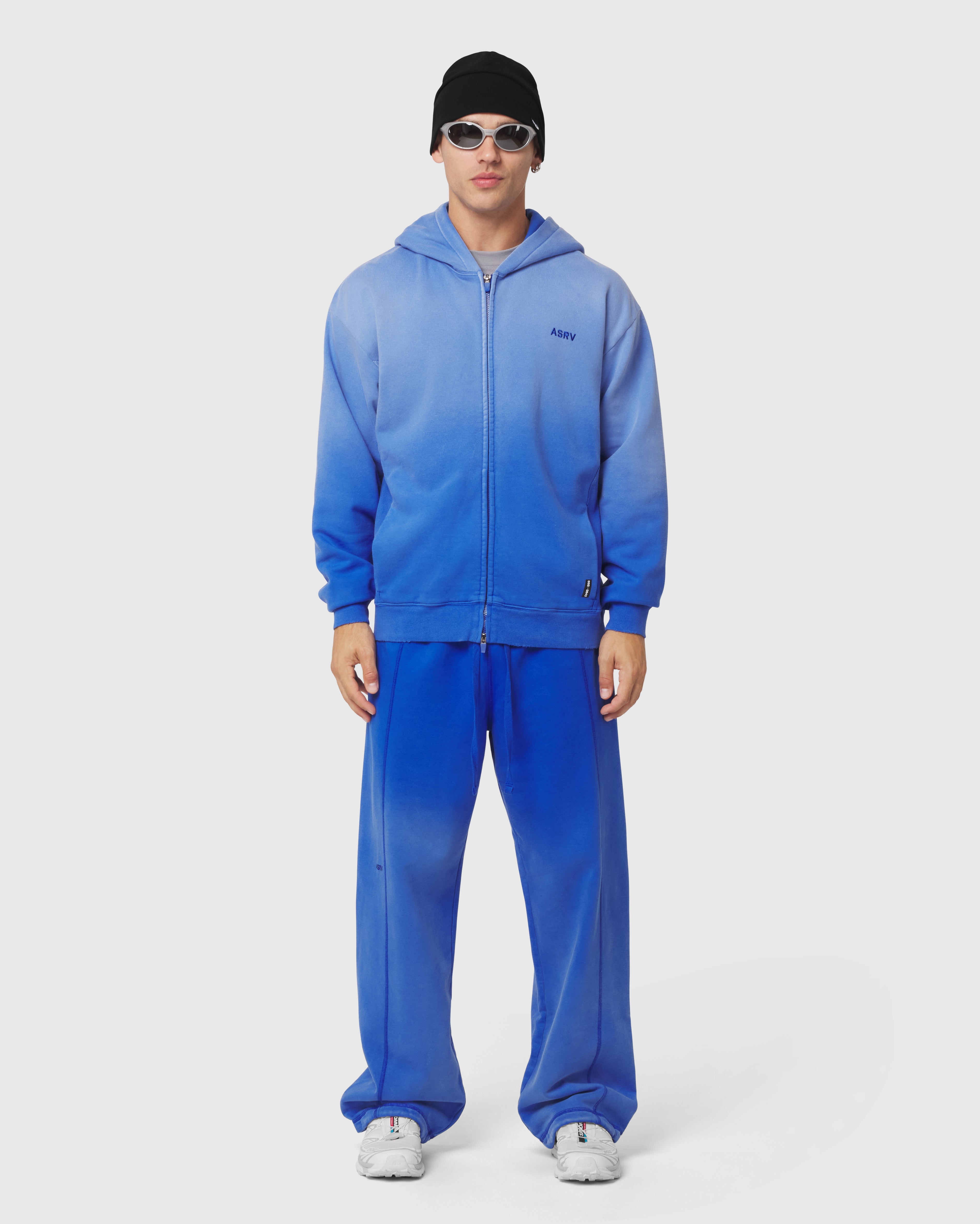 0843. Tech Essential™ Distressed Full Zip Hoodie - Electric Blue Sun Fade