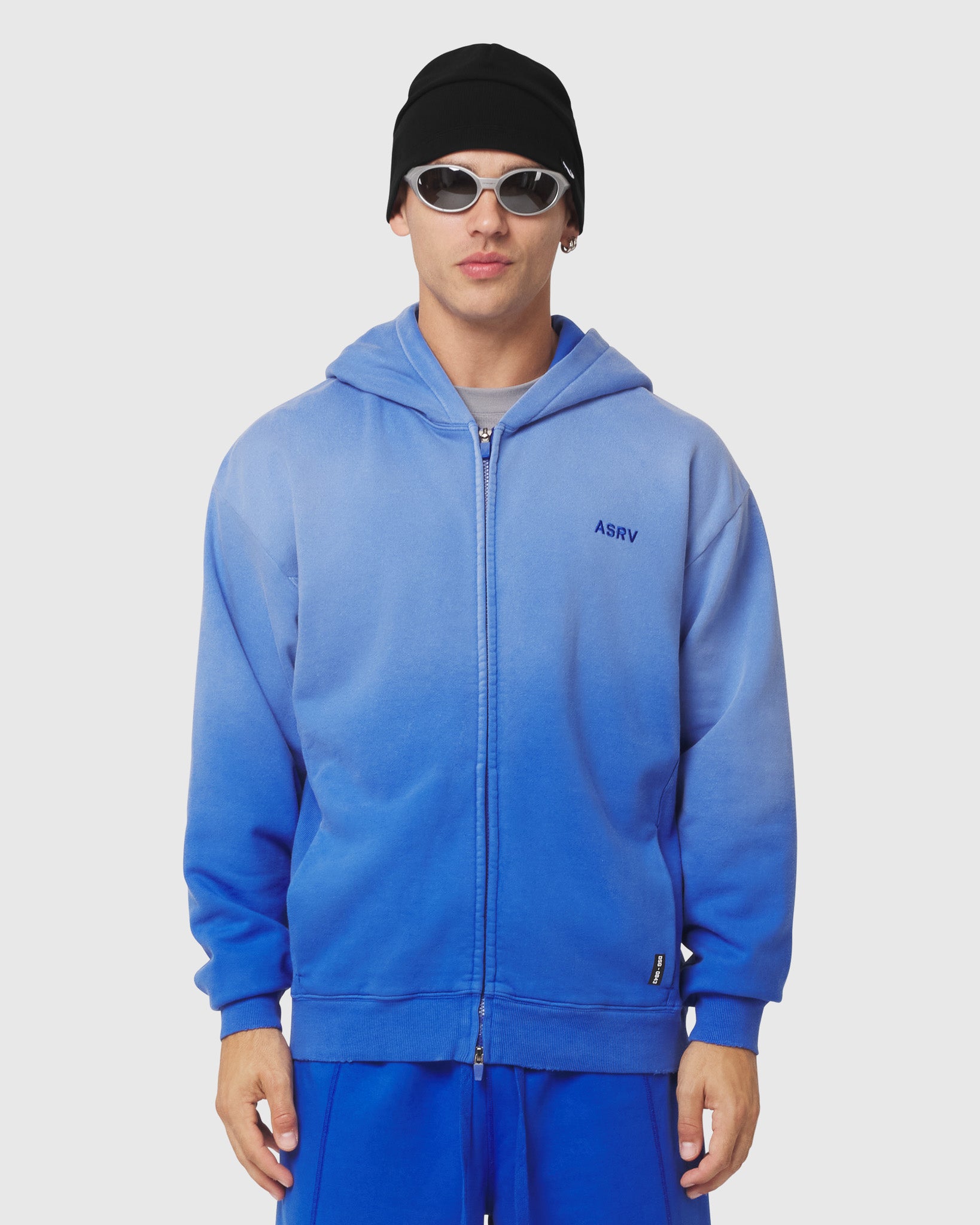 0843. Tech Essential™ Distressed Full Zip Hoodie - Electric Blue Sun Fade