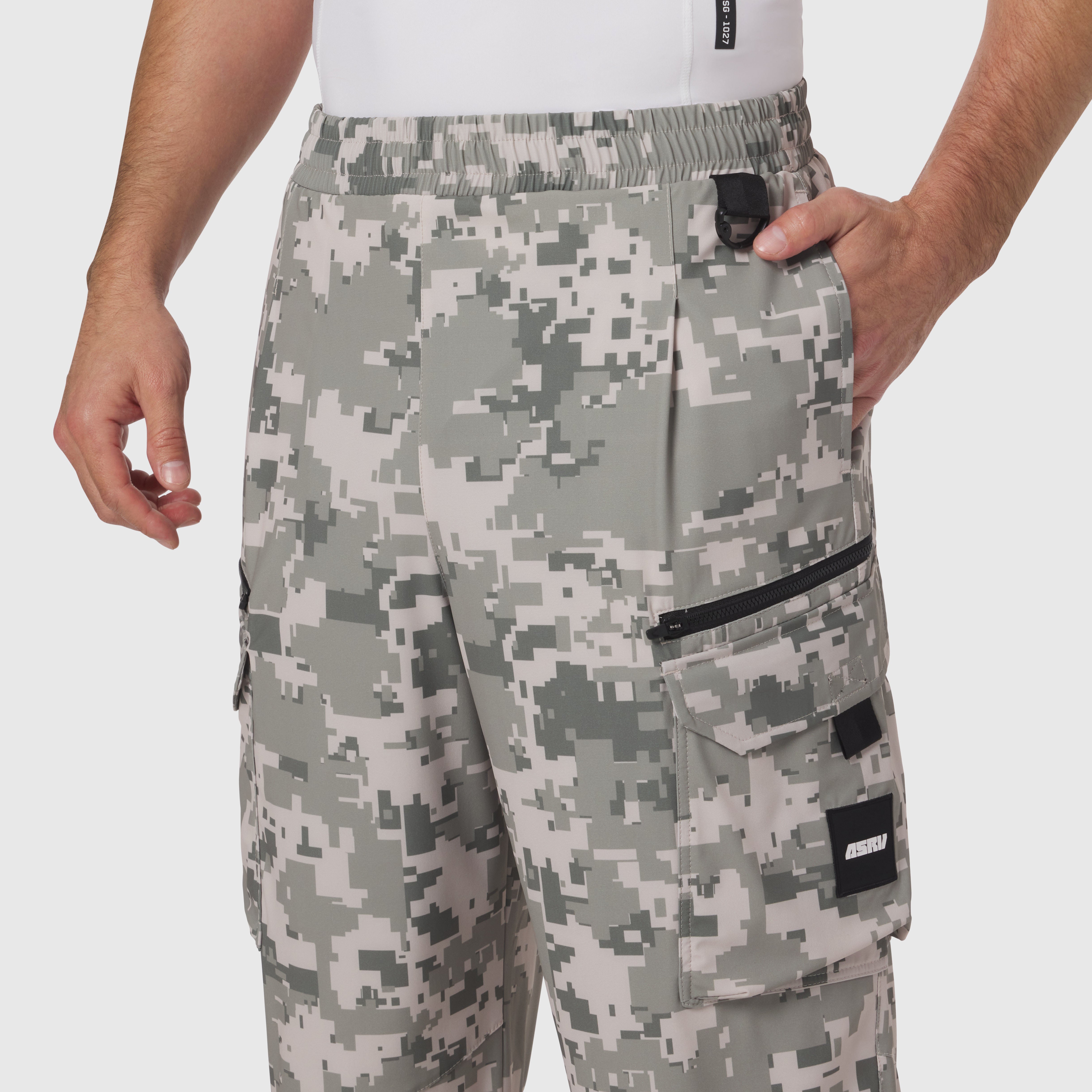Tetra-Lite Cargo City Pant in digital camo worn by model, waist detail view