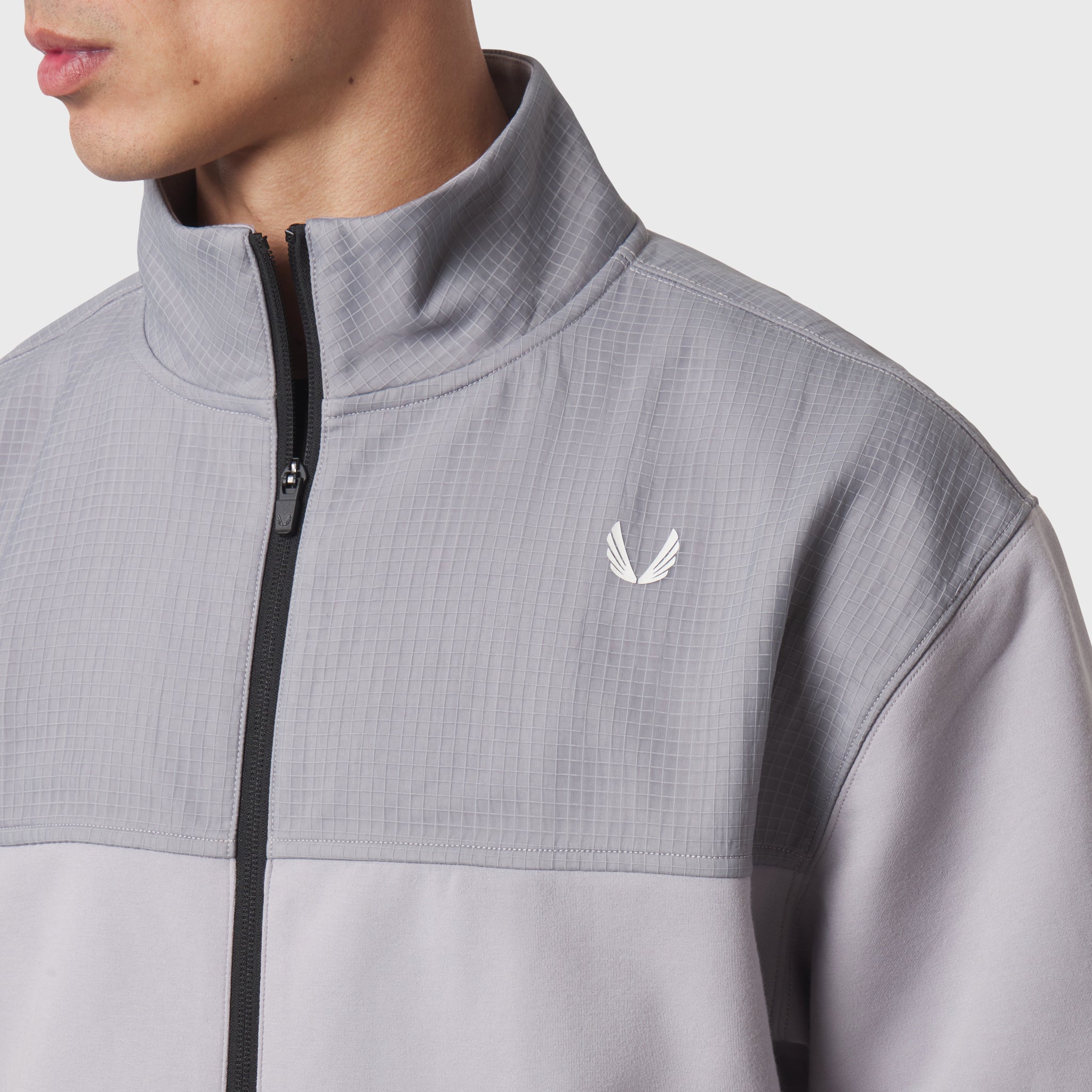 Dri-Core Sidelock Full Zip in slate grey, worn by model, front detail view