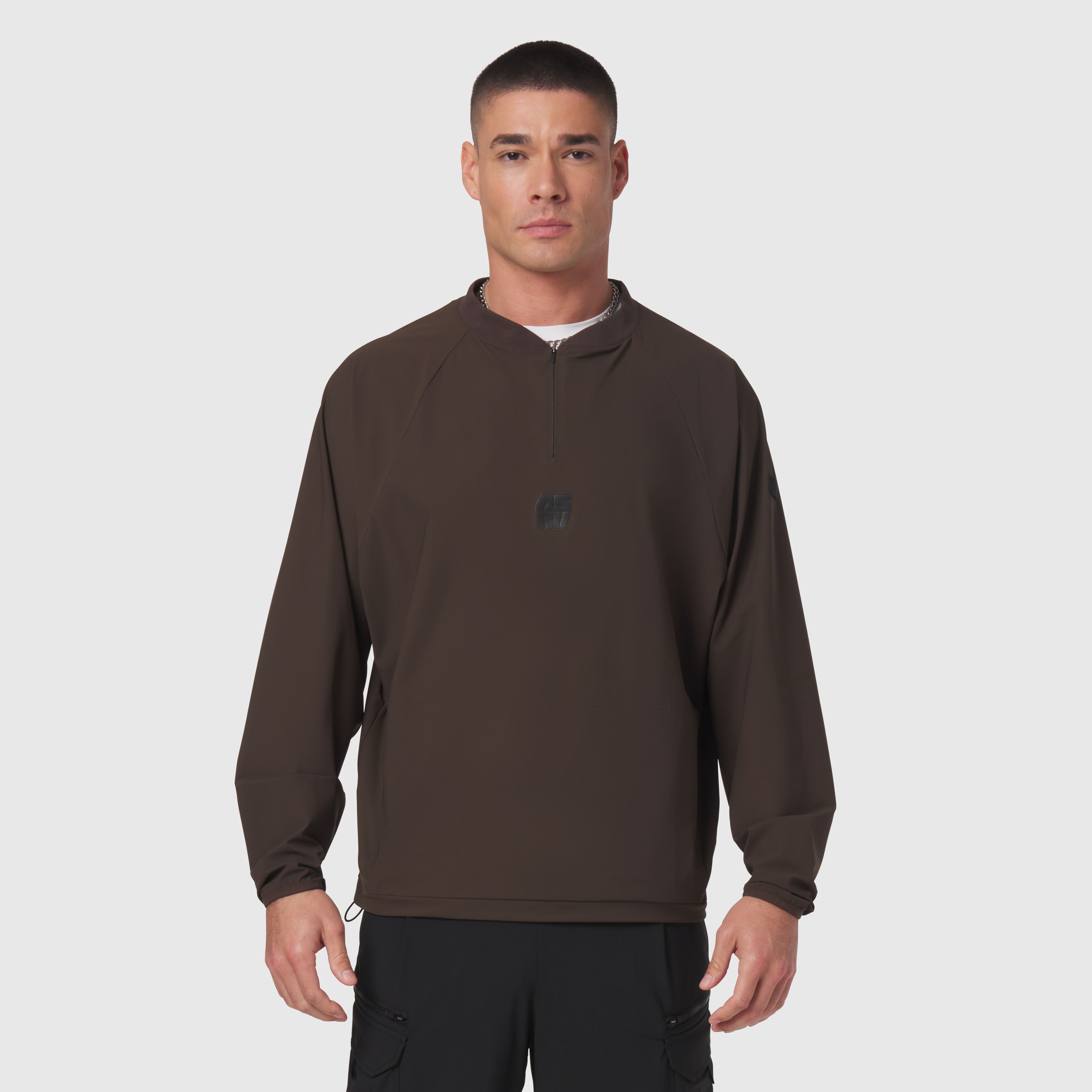 Tetra-Lite® Blade Collar Zip Jacket in dark earth brown, worn by model, front view