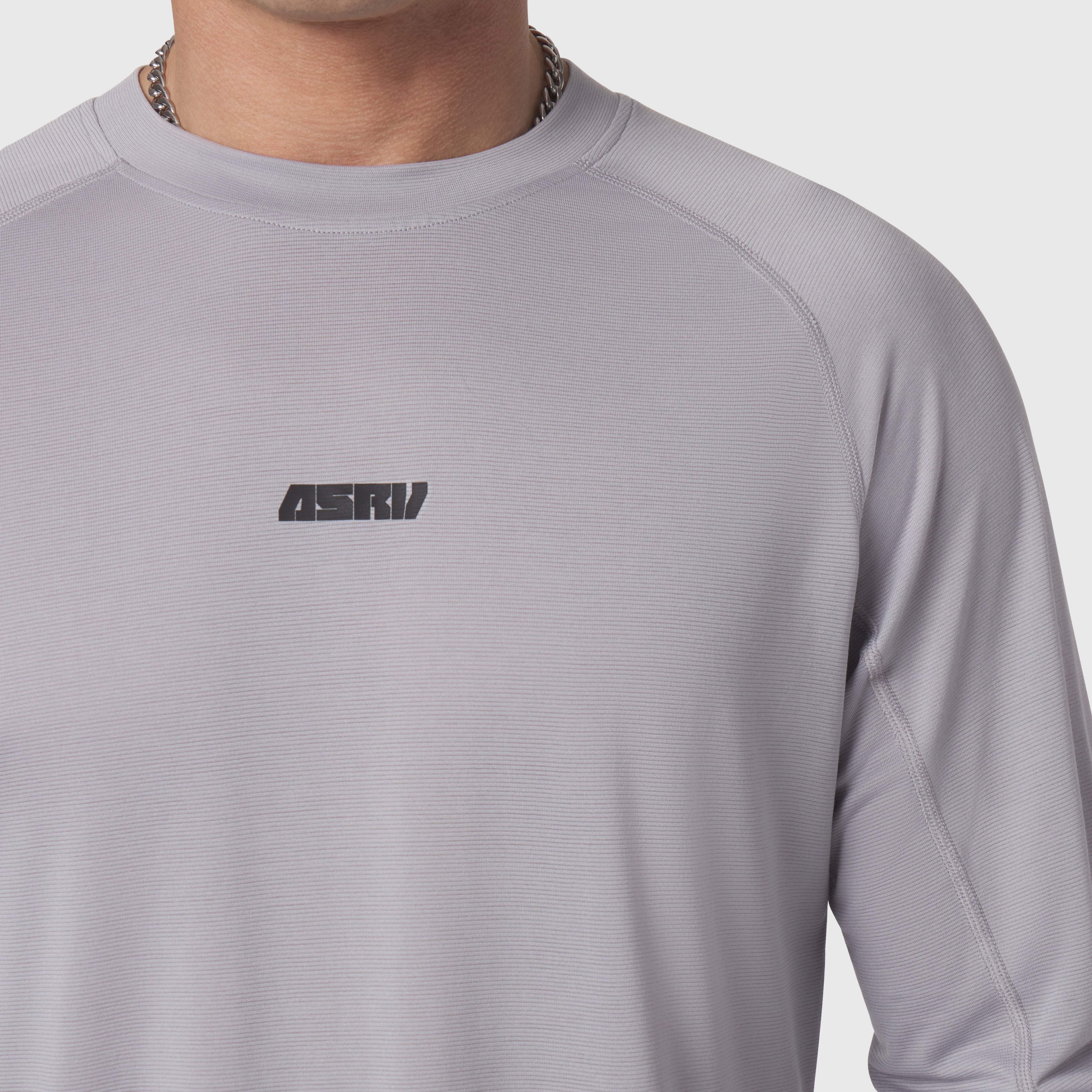 Polartec® Delta Longsleeve in slate grey worn by model, front view with ASRV logo